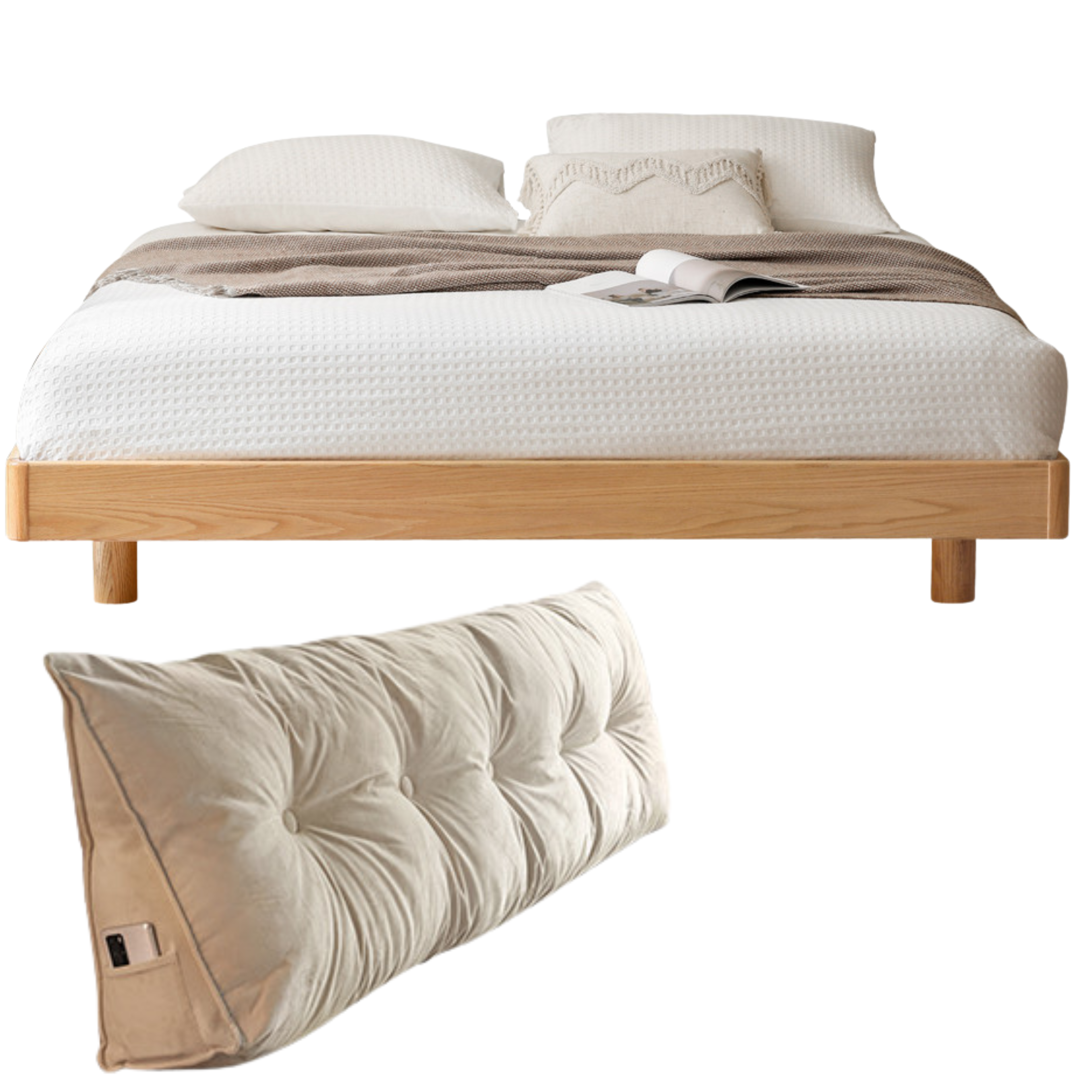 Oak solid wood Suspended platform bed, headboard-free bed with light<