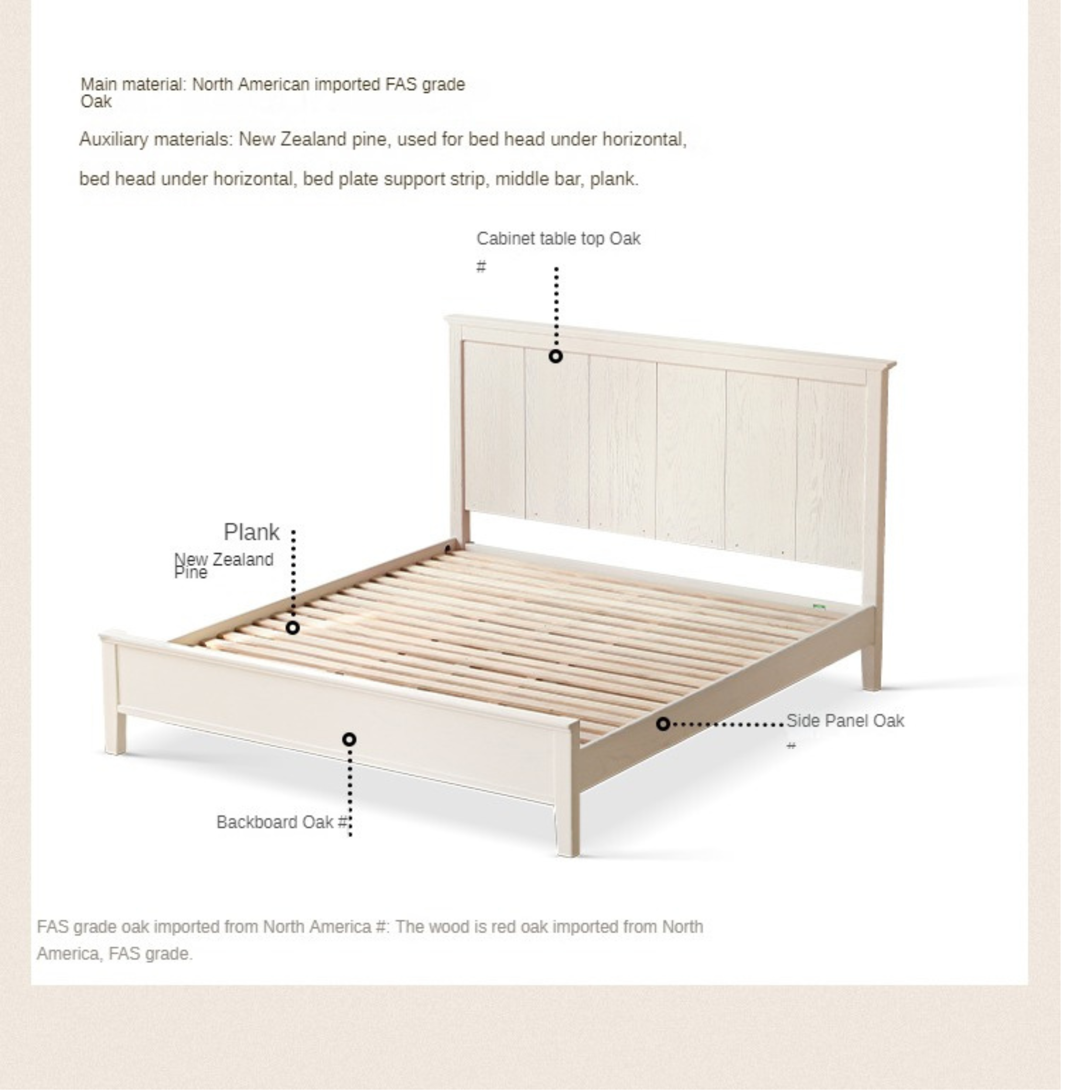 Oak solid wood high headboard full white bed American style