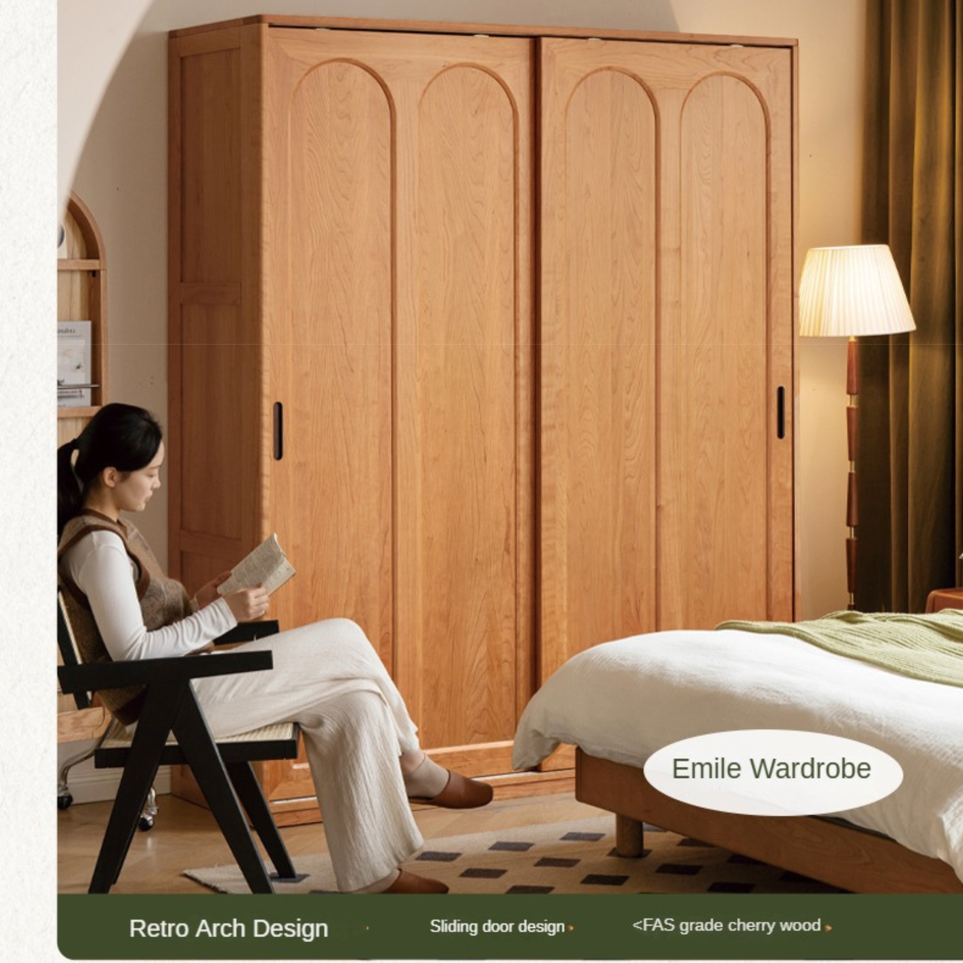Cherry Solid Wood Retro Sliding Door Wardrobe