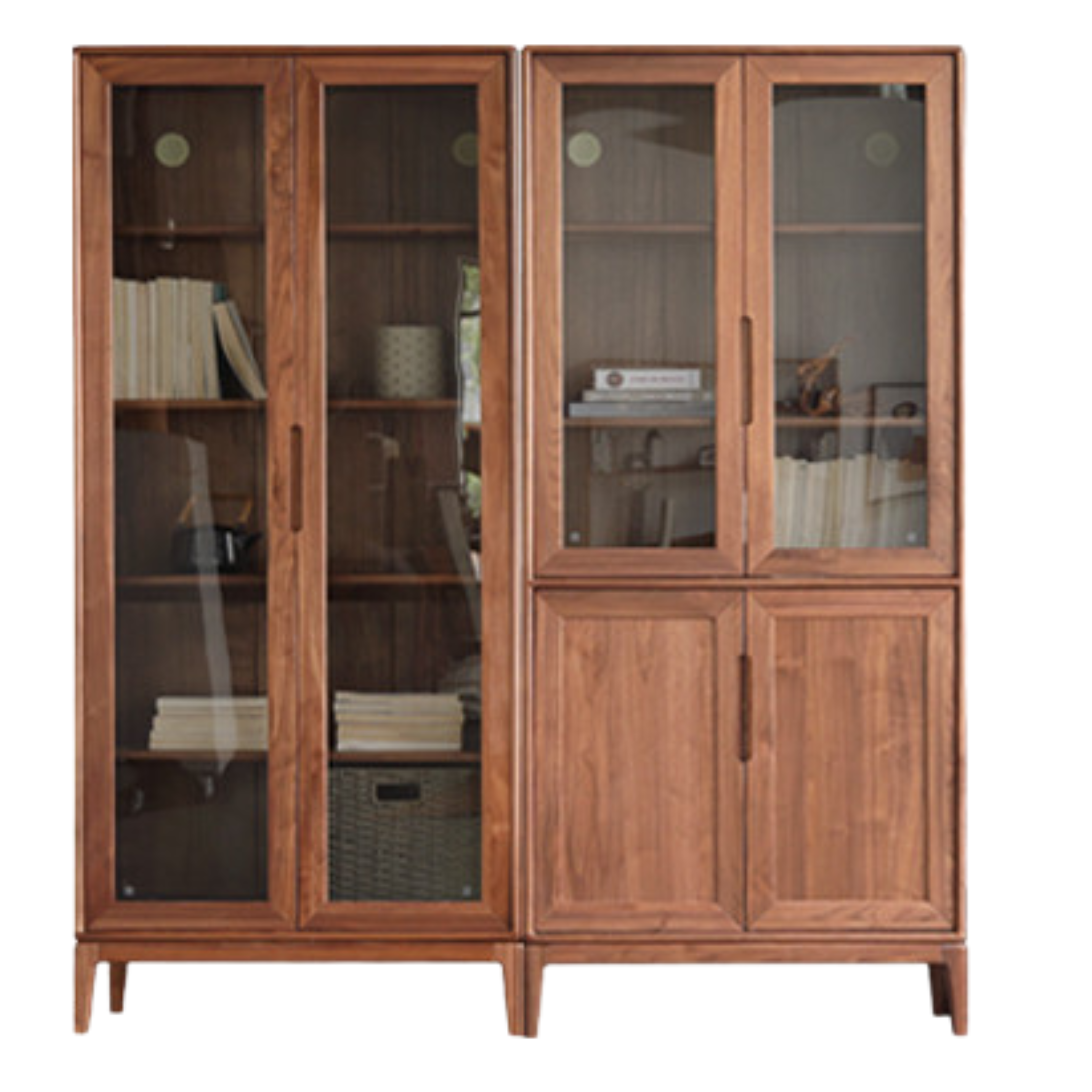 Black Walnut, Ash Solid Wood Combination Dust-Proof Glass Door Wall Floor-To-Ceiling Bookshelf<