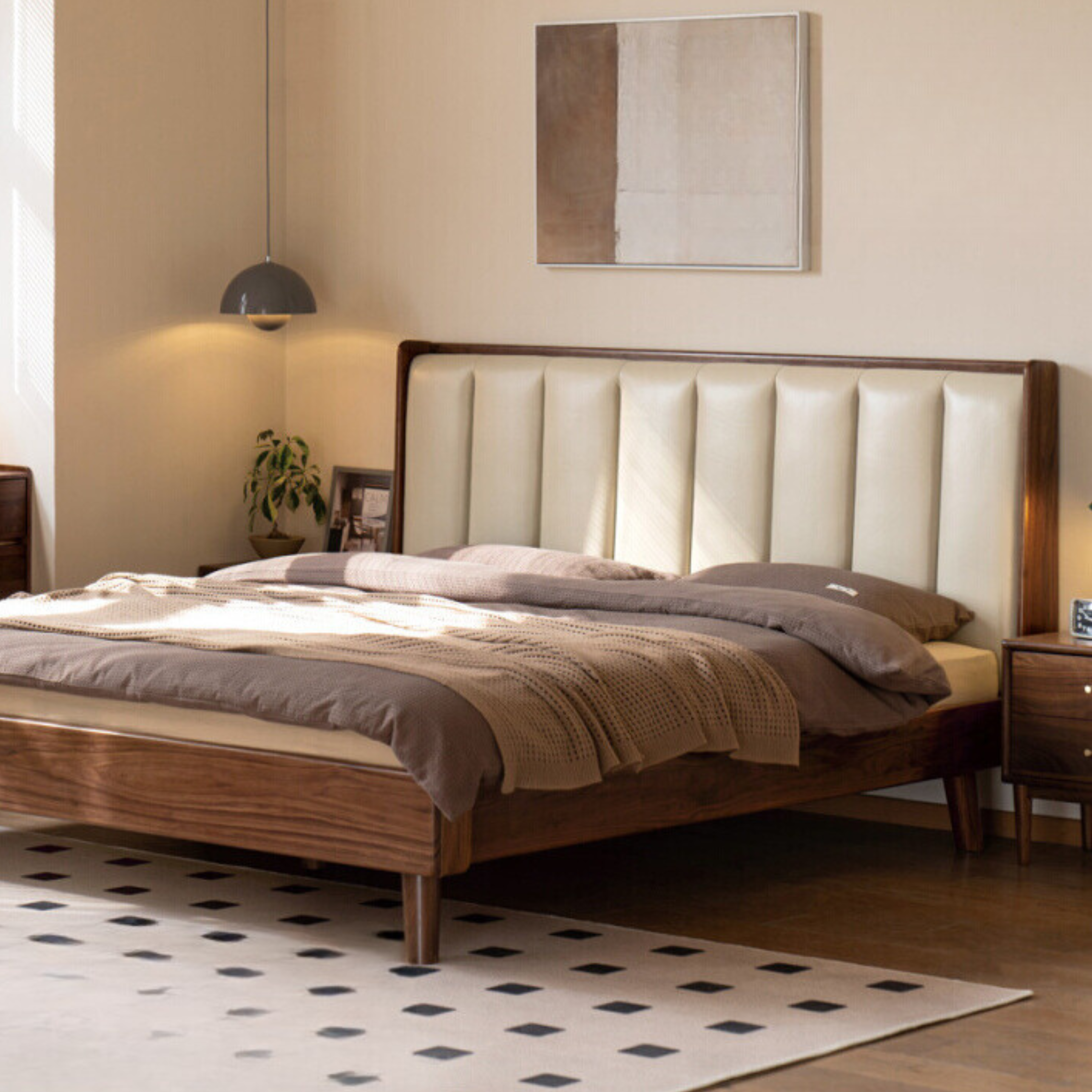 Black Walnut Solid Wood leather Simple High Soft Back Bed