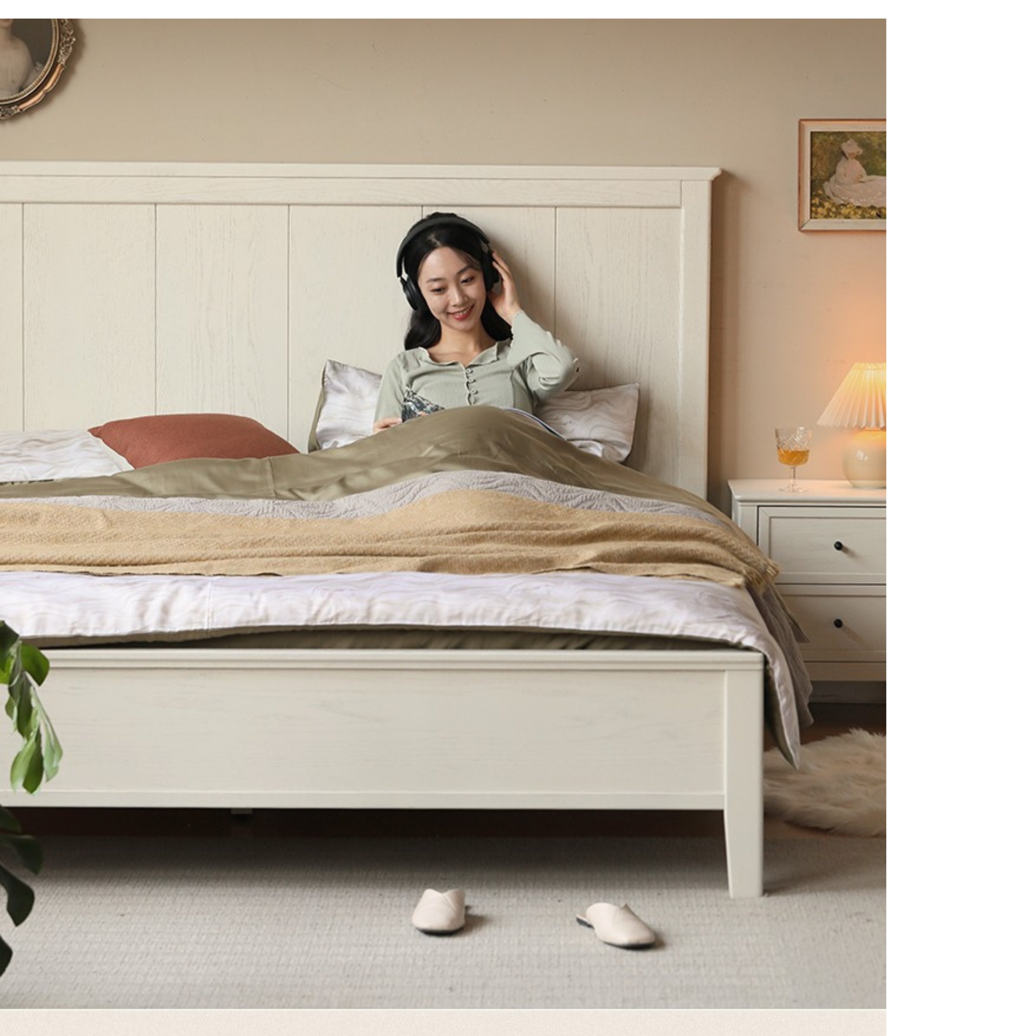 Oak solid wood high headboard full white bed American style