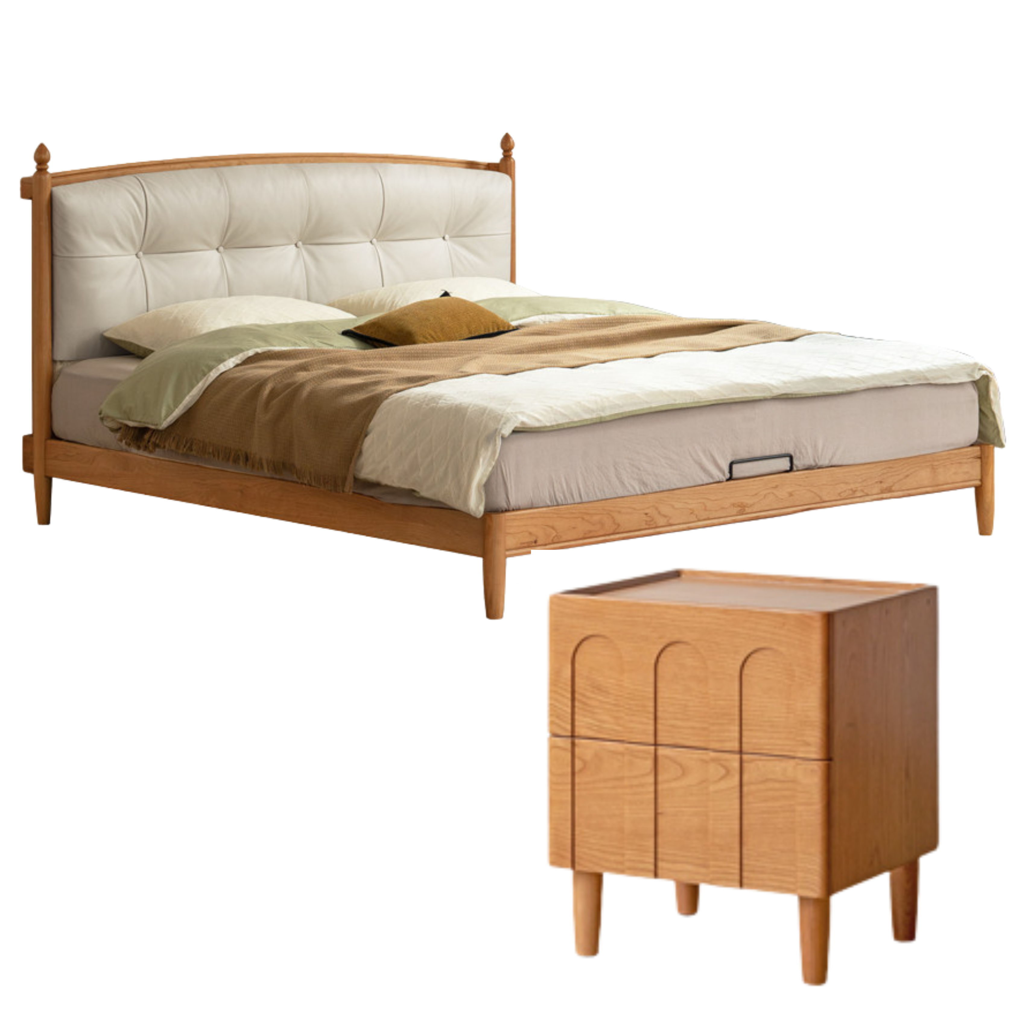 Cherry Solid Wood Upholstered Bed with Modern Minimalist and Retro Design