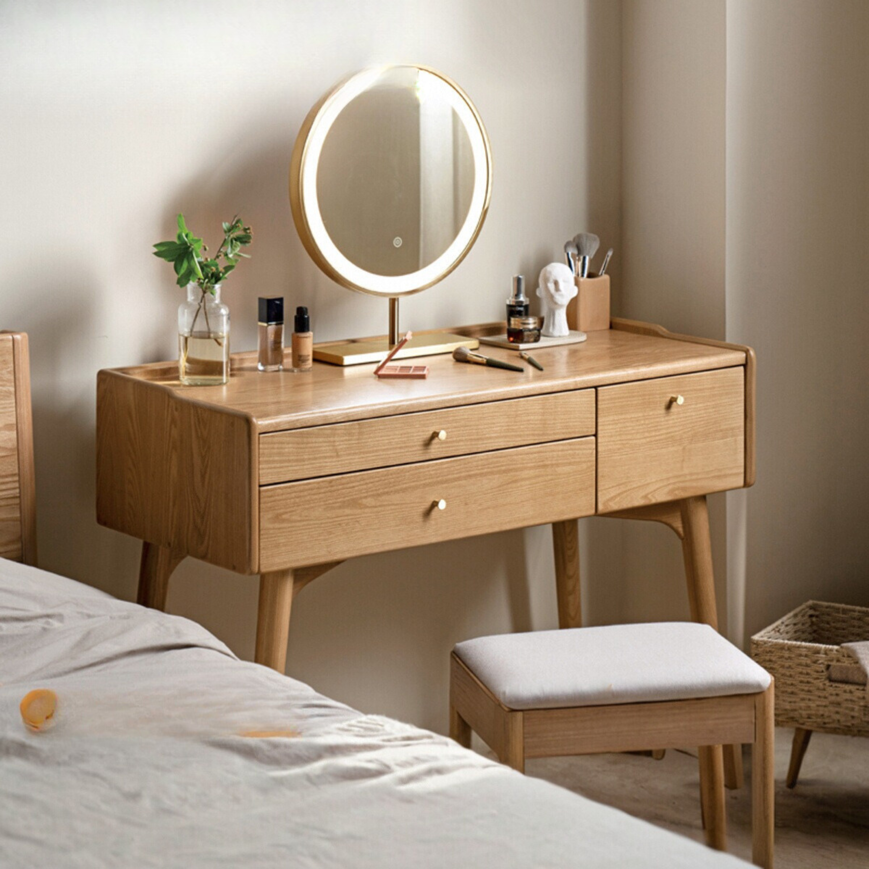 Ash wood dressing table LED makeup mirror