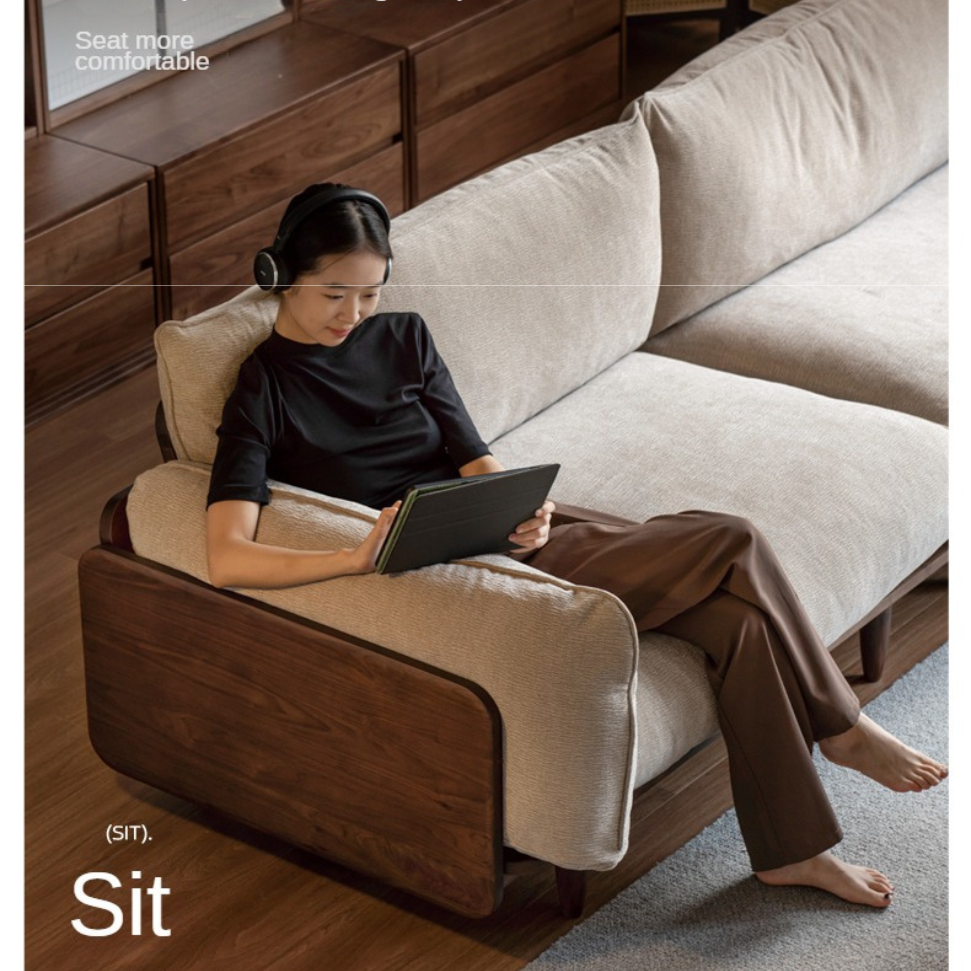 Black Walnut Solid Wood Fabric Straight Sofa