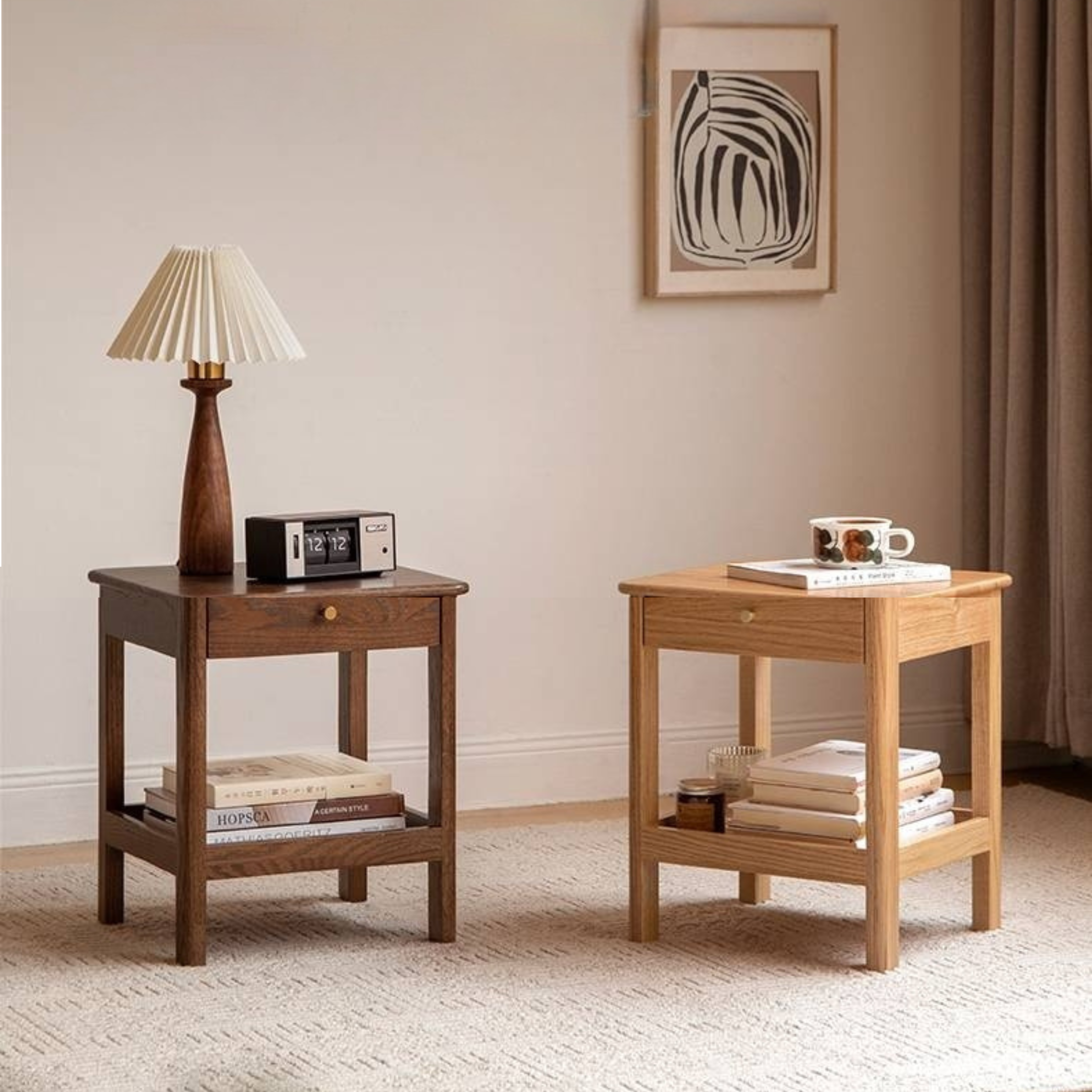 Oak, Beech Solid Wood, Solid RubberWood Nightstand.