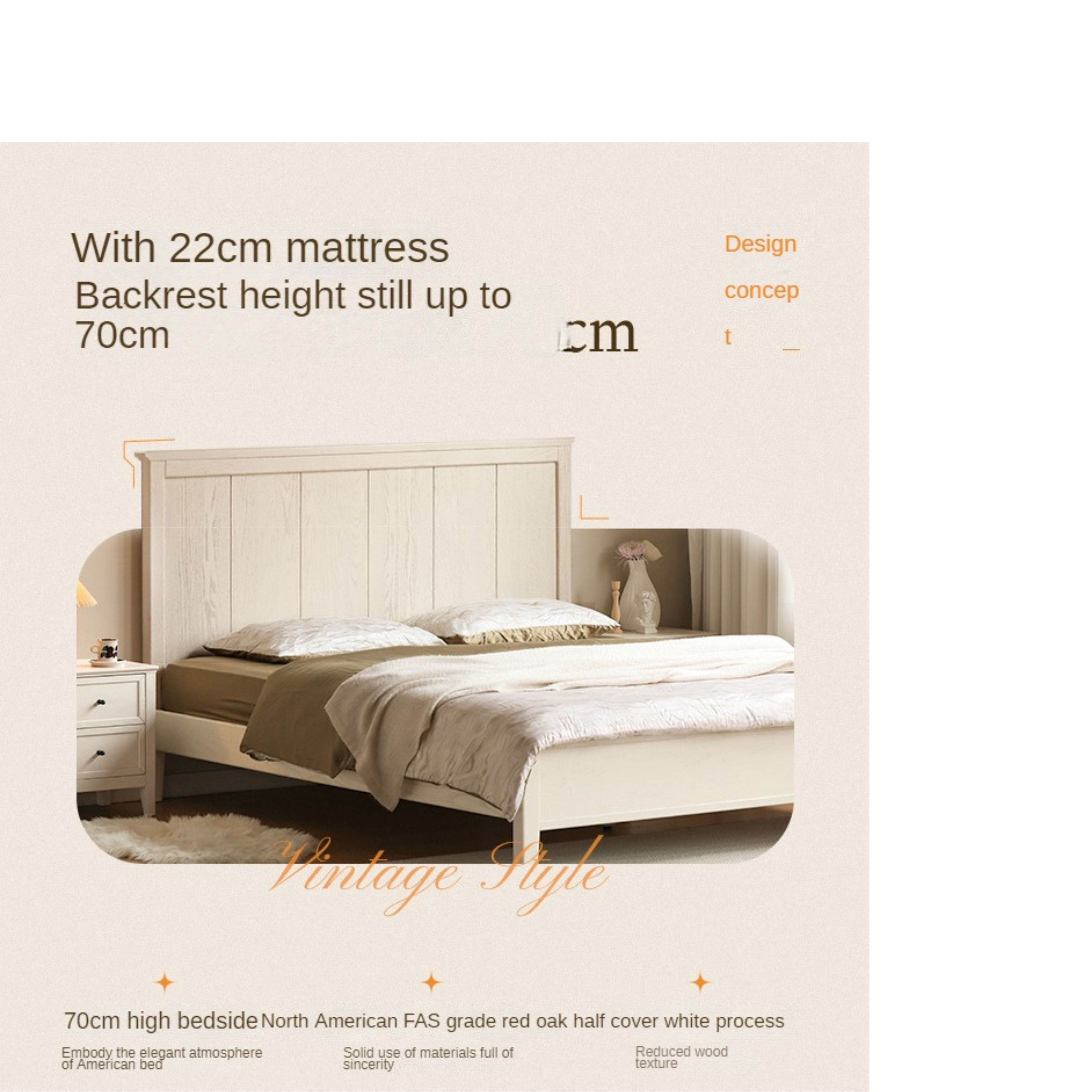 Oak solid wood high headboard full white bed American style