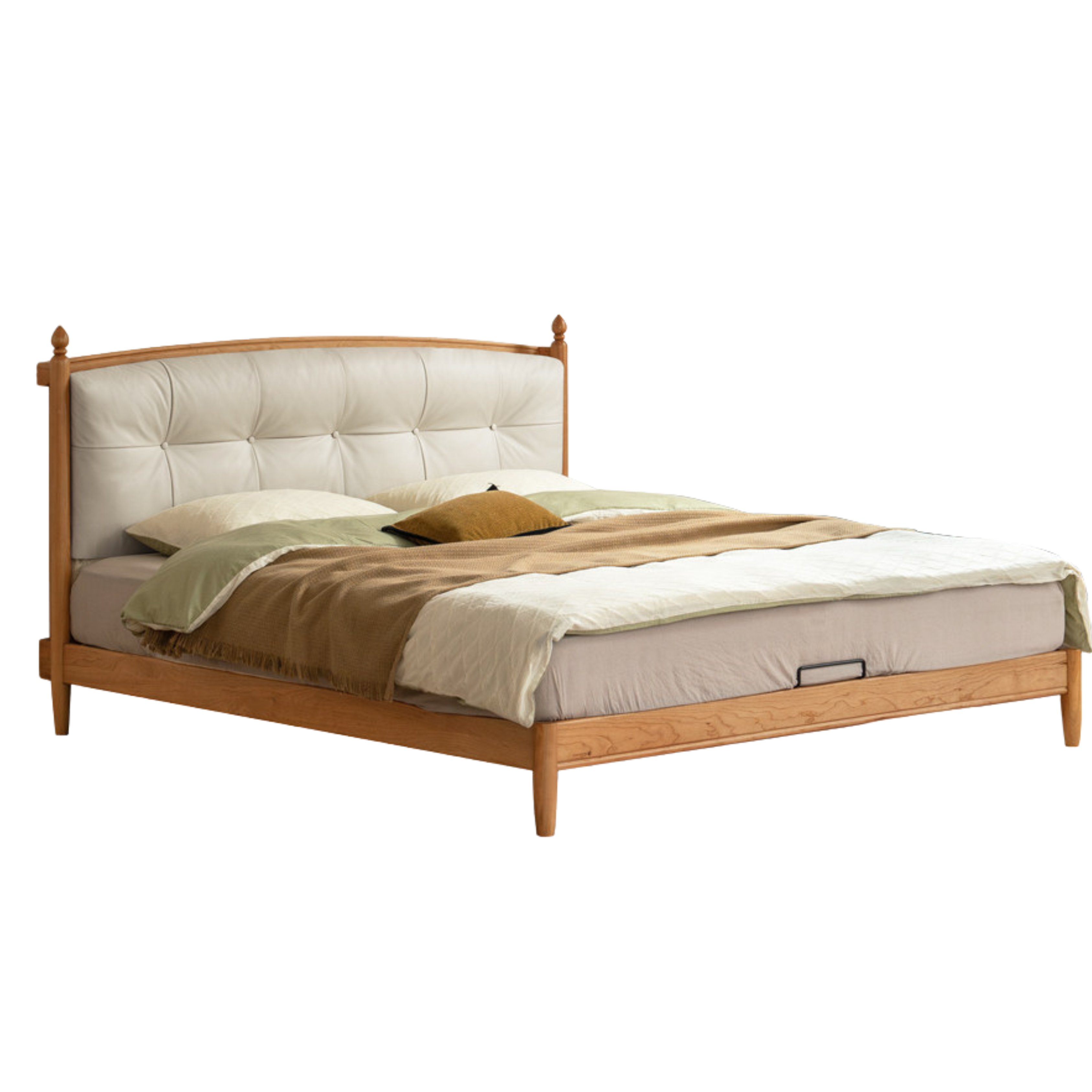 Cherry Solid Wood Upholstered Bed with Modern Minimalist and Retro Design