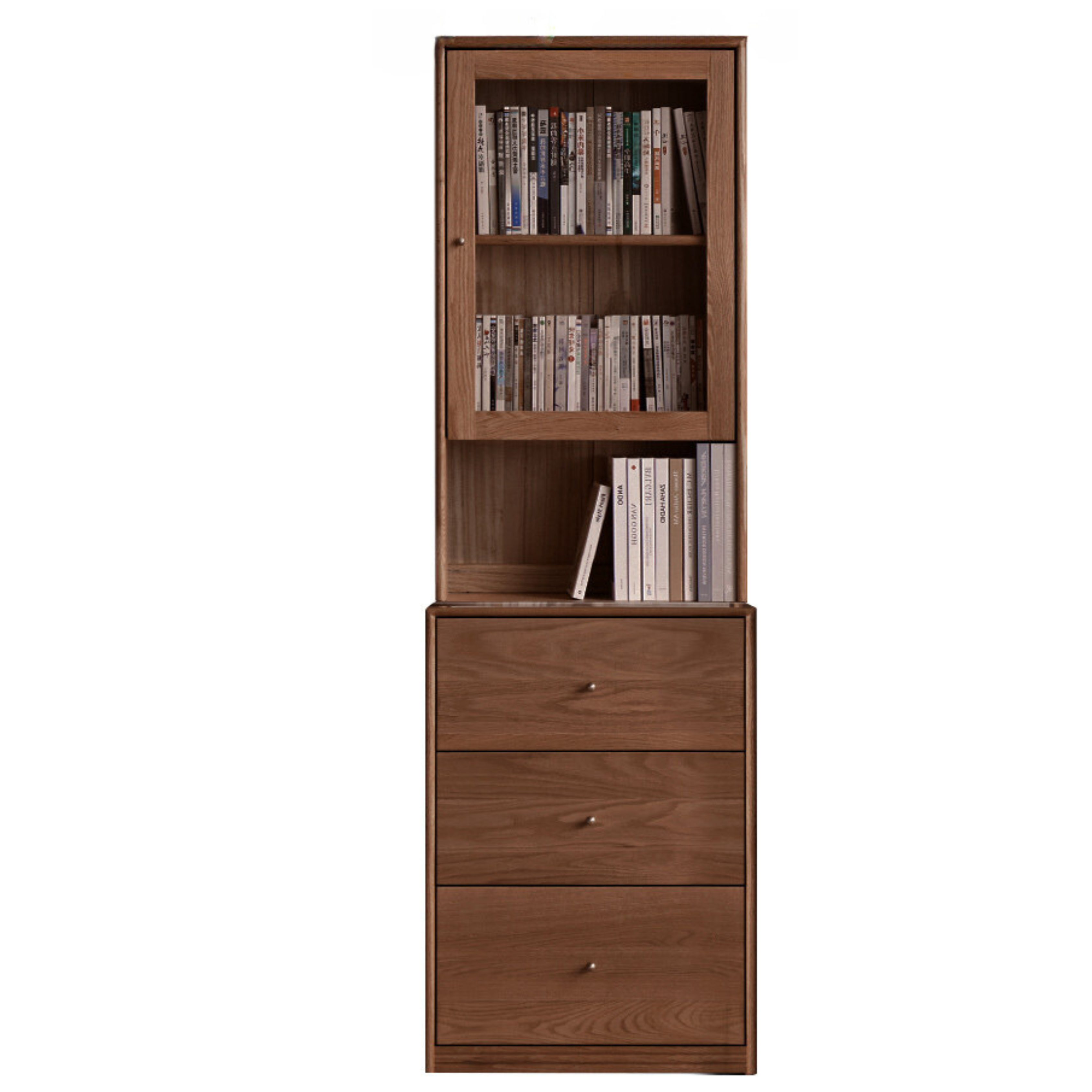 Oak Solid Wood Floor-To-Ceiling Combination Bookshelf, Glass Bookcase
