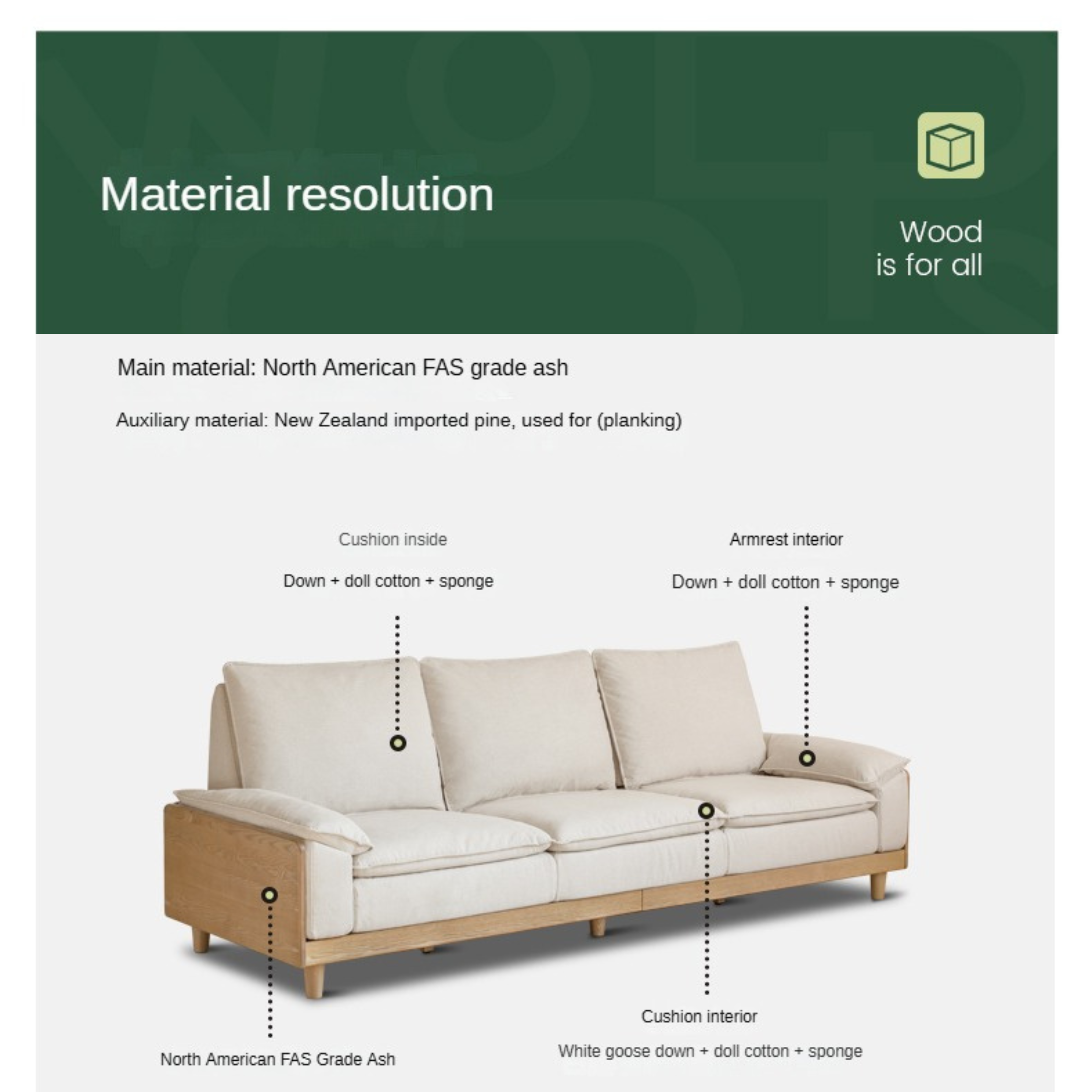 Ash Solid Wood Straight Sofa Modern