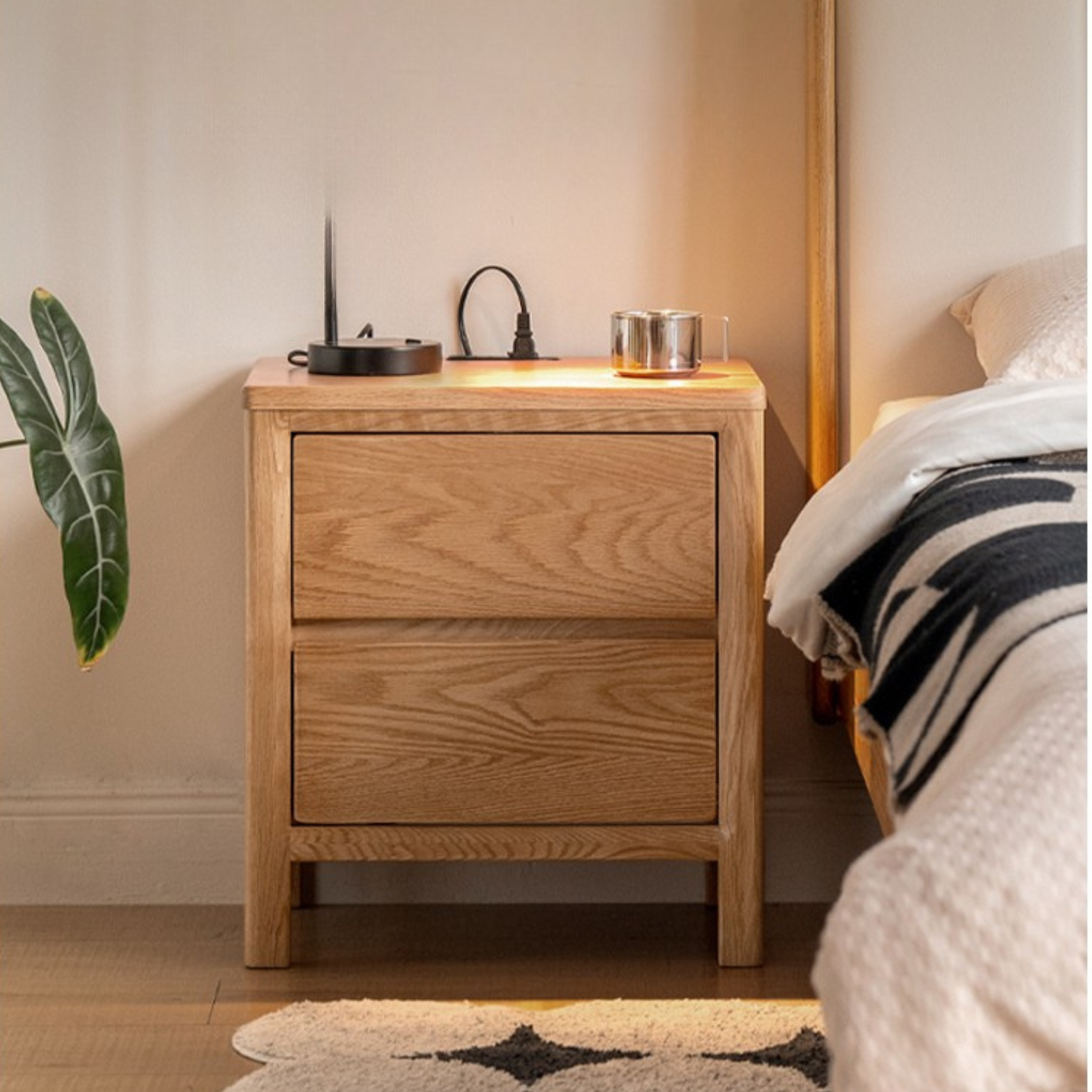 Oak Solid Wood, Solid Rubberwood Nightstand with Locker.
