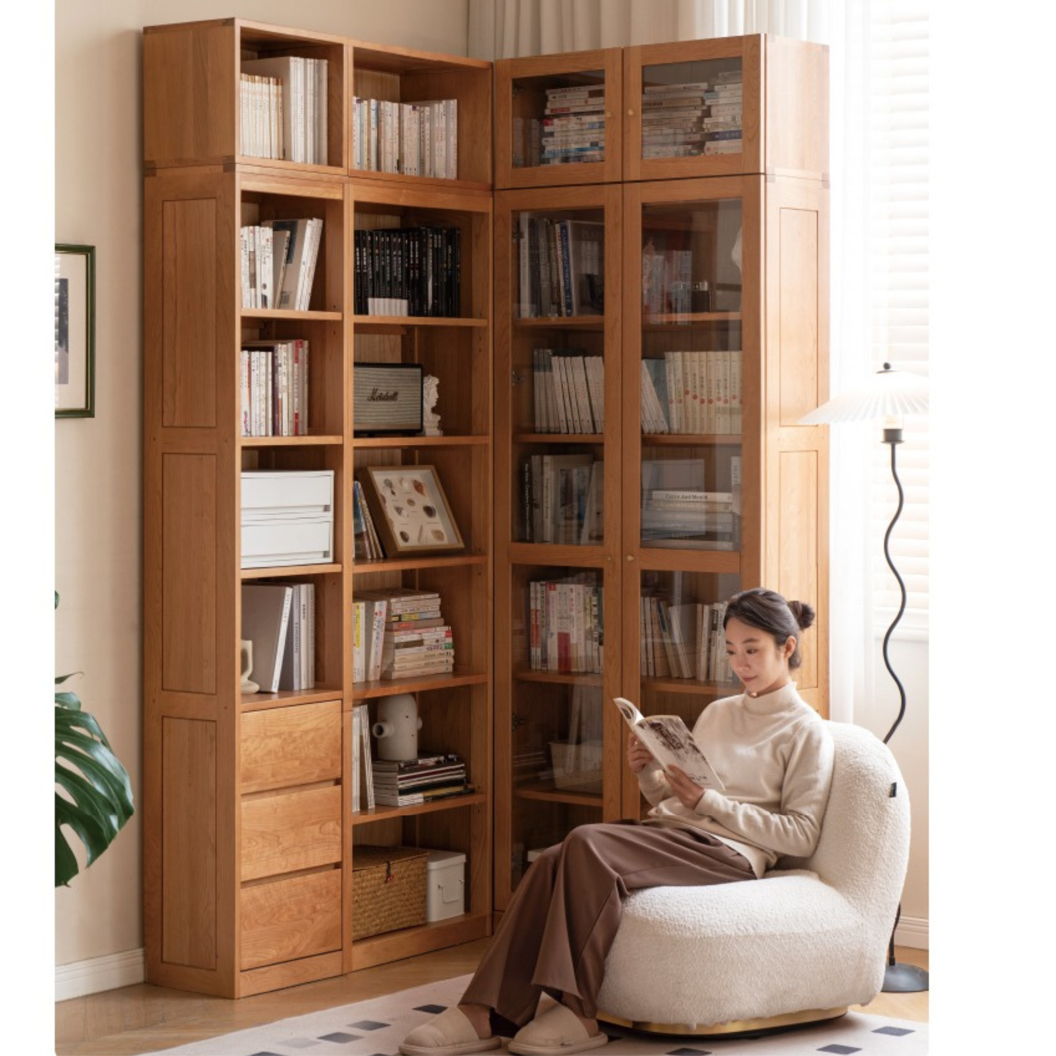 Cherry Solid Wood Bookcase Floor-Standing Free Combination Bookshelf