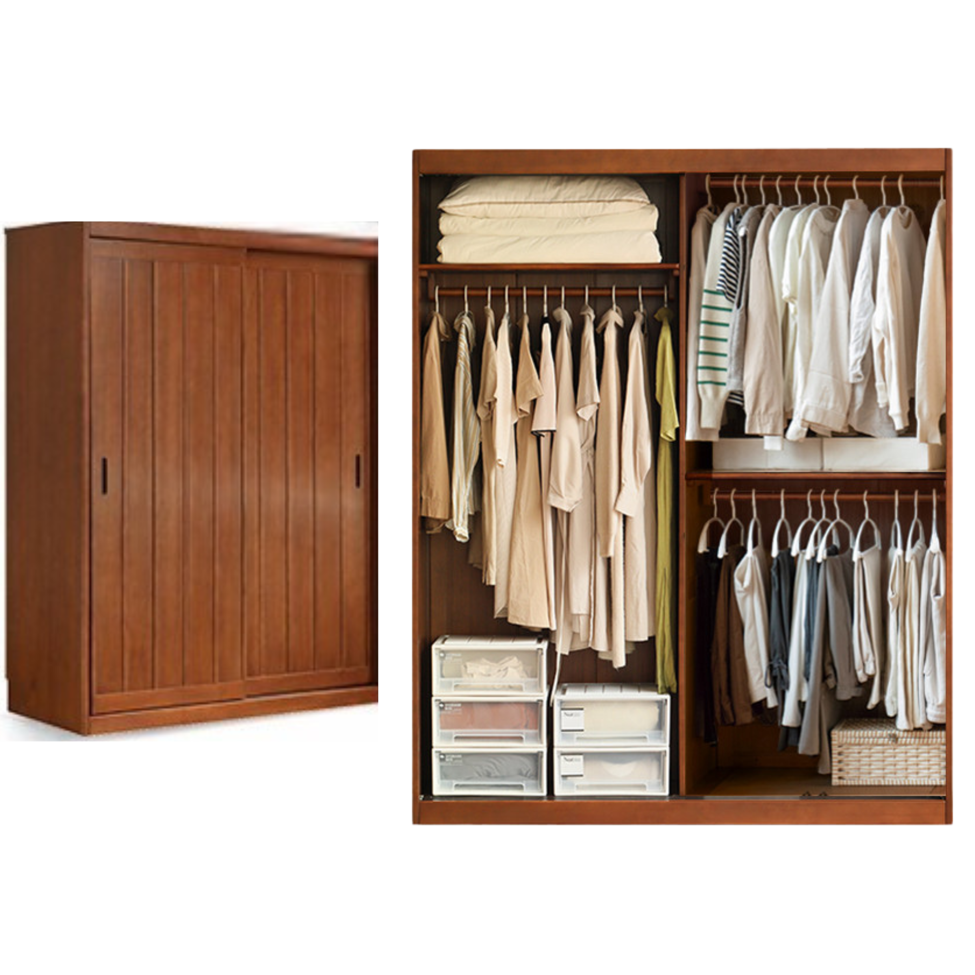 Poplar Solid Wood Wardrobe Retro Sliding Door Wardrobe