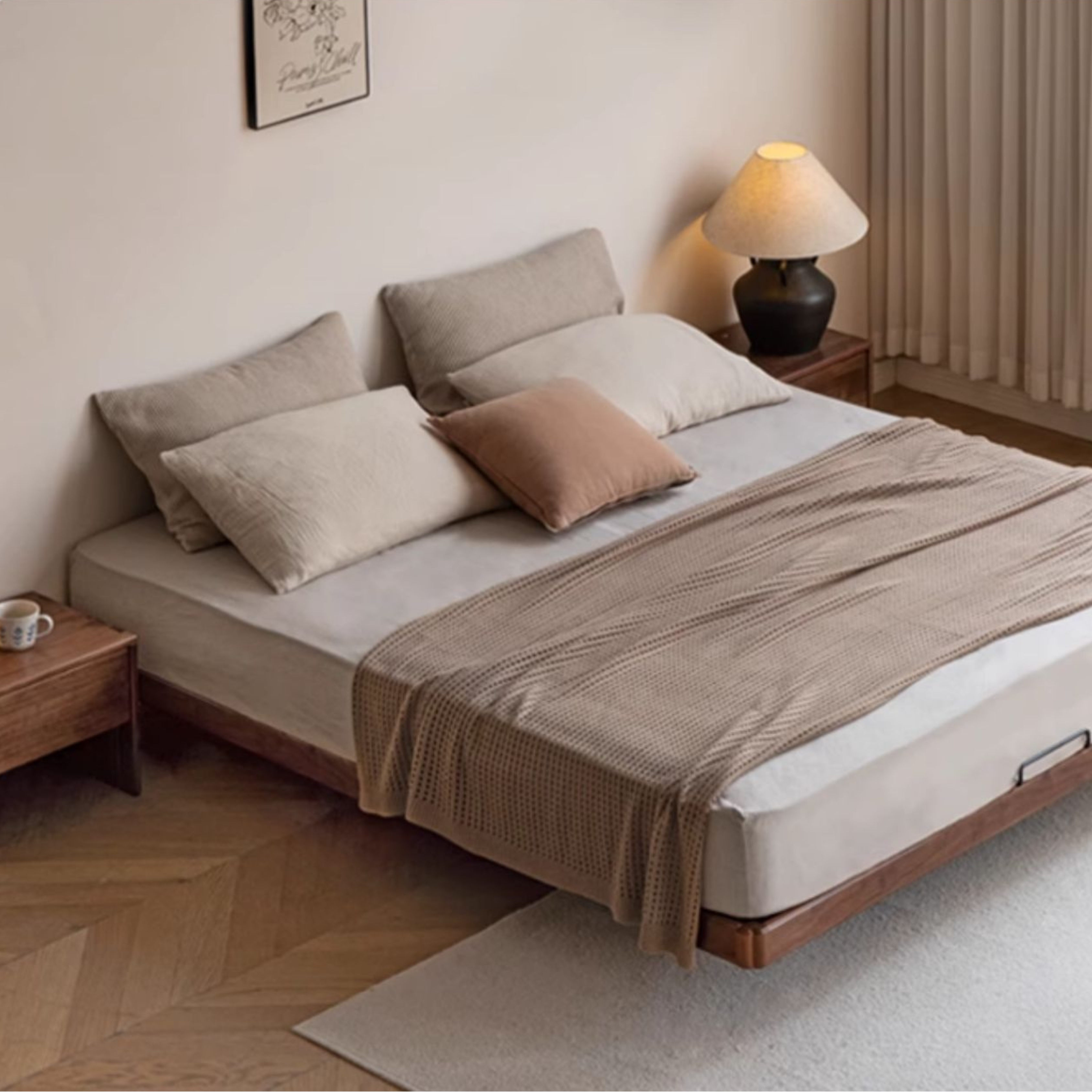 Black Walnut, Oak Solid Wood Suspended Platform Bed, Headboard-Free Bed