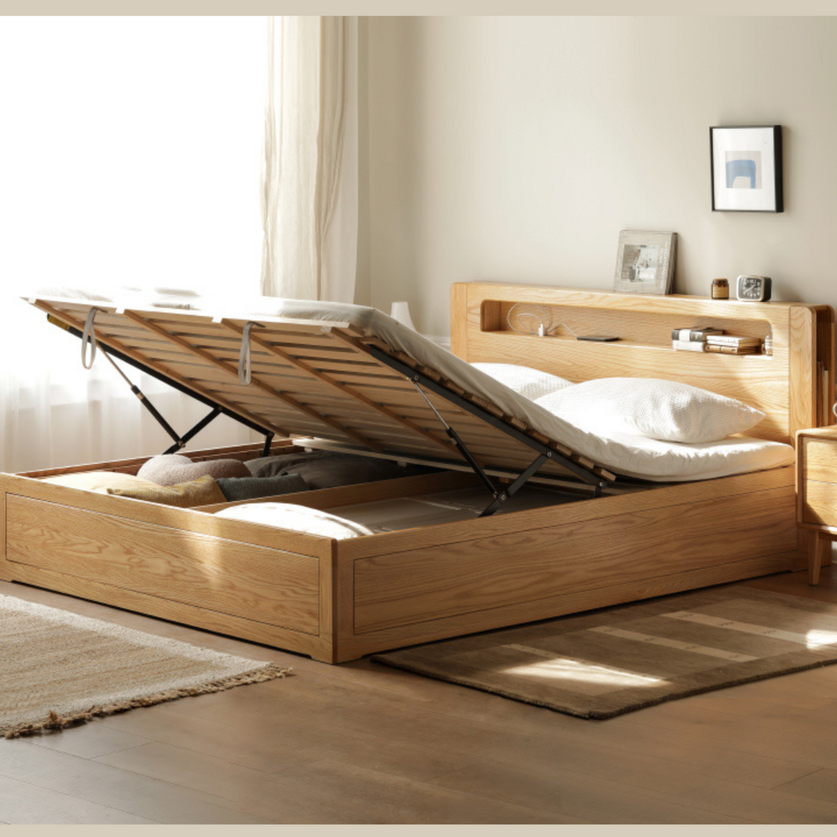 Oak Solid Wood Storage Bed with Bookcase Headboard and Built-In Desk S