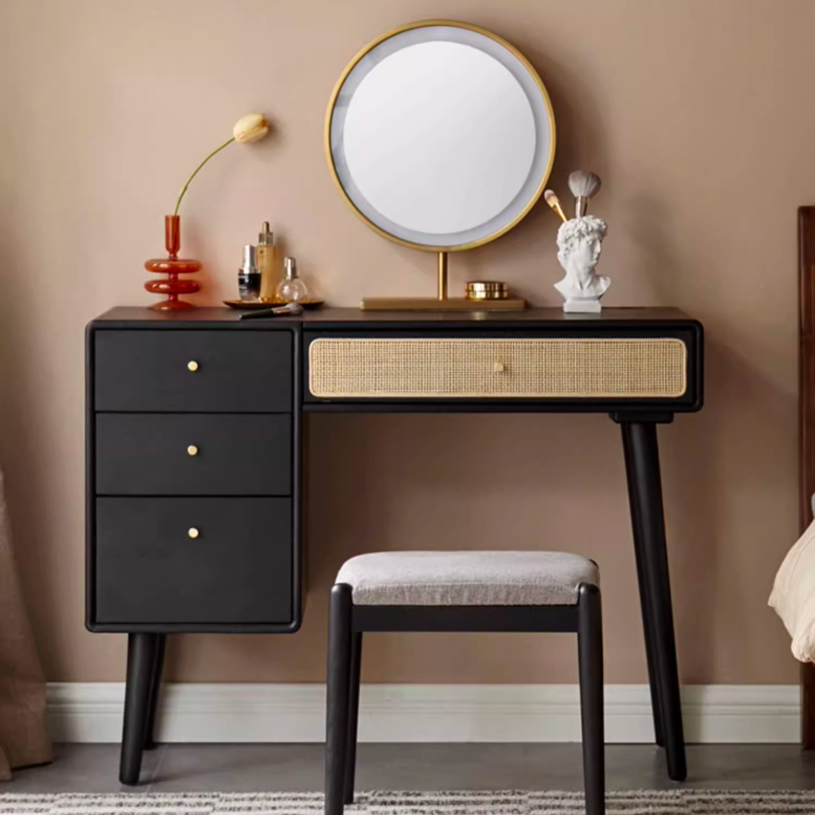 Black Vintage Dressing Table Storage Cabinet Integrated Solid Oak