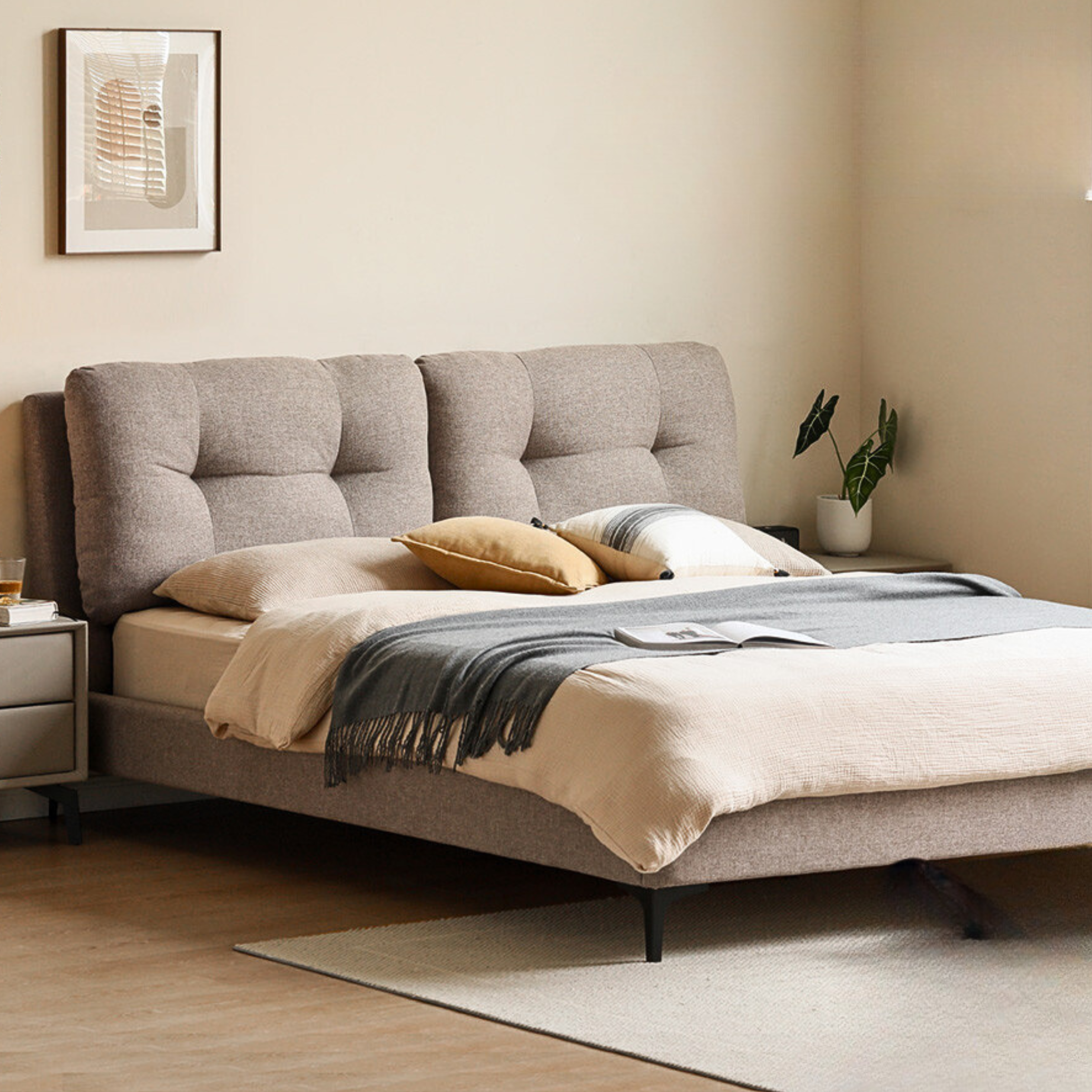 Lightweight luxury fabric bed made of wood"