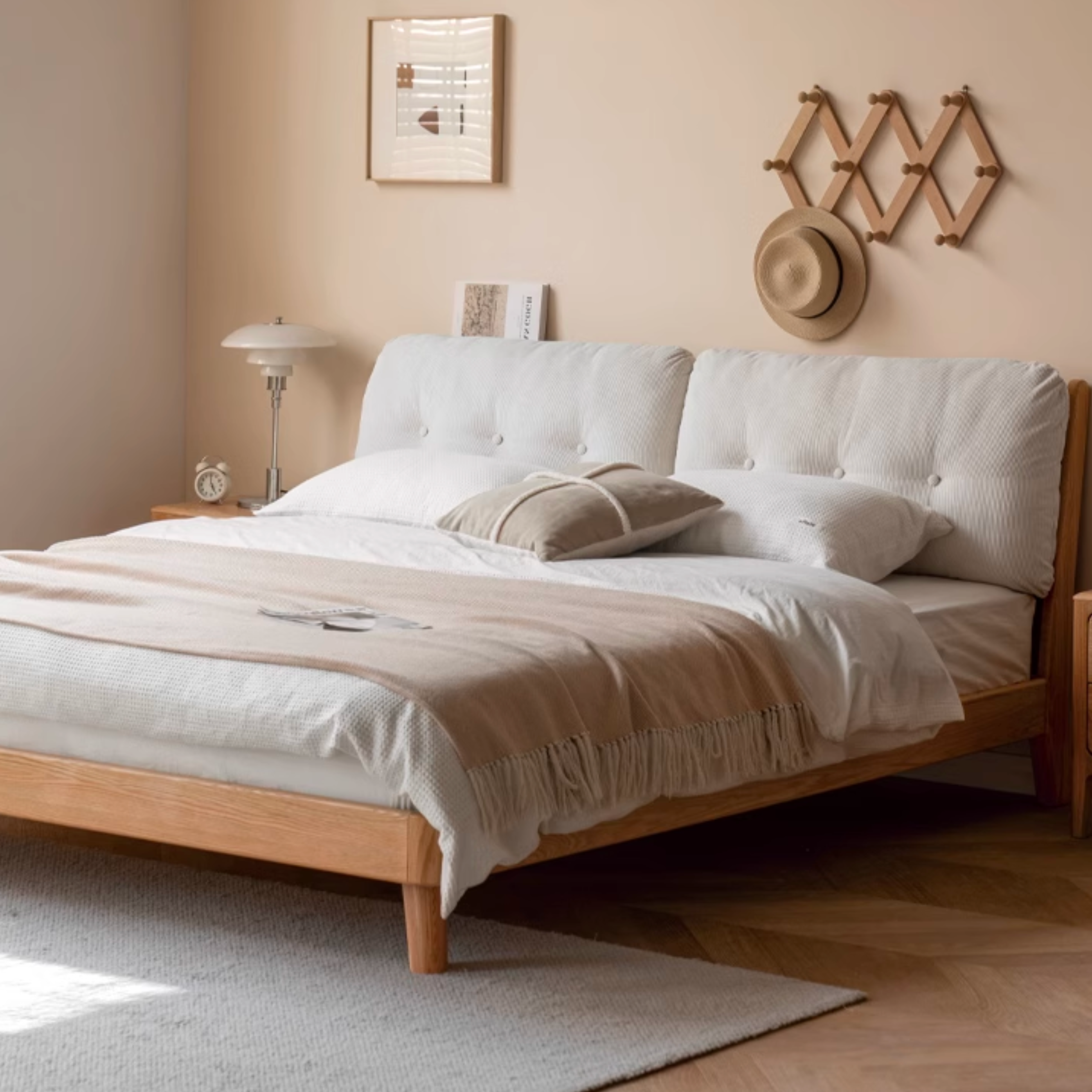 Cream style Soft bed Oak solid wood"