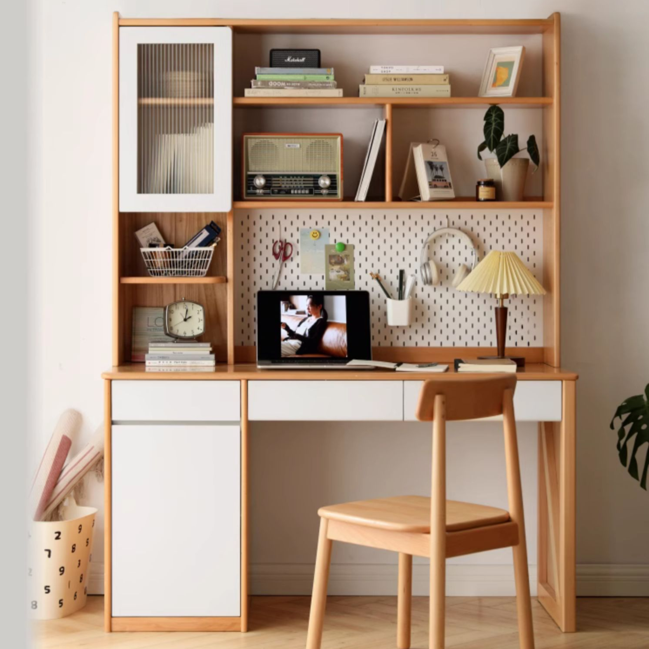 Beech Solid Wood Desk Bookshelf Integrated Study