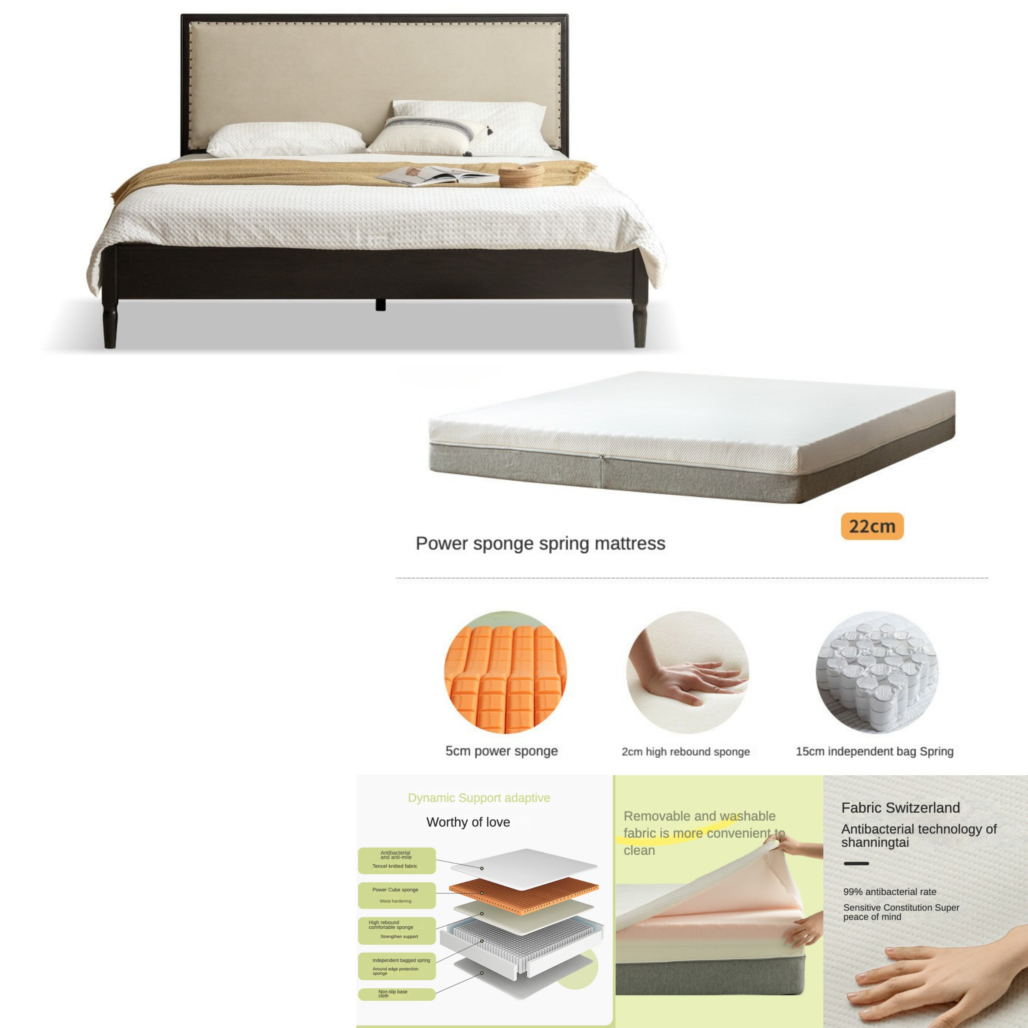 Oak Solid Wood Technology Cloth American Soft Back Bed"