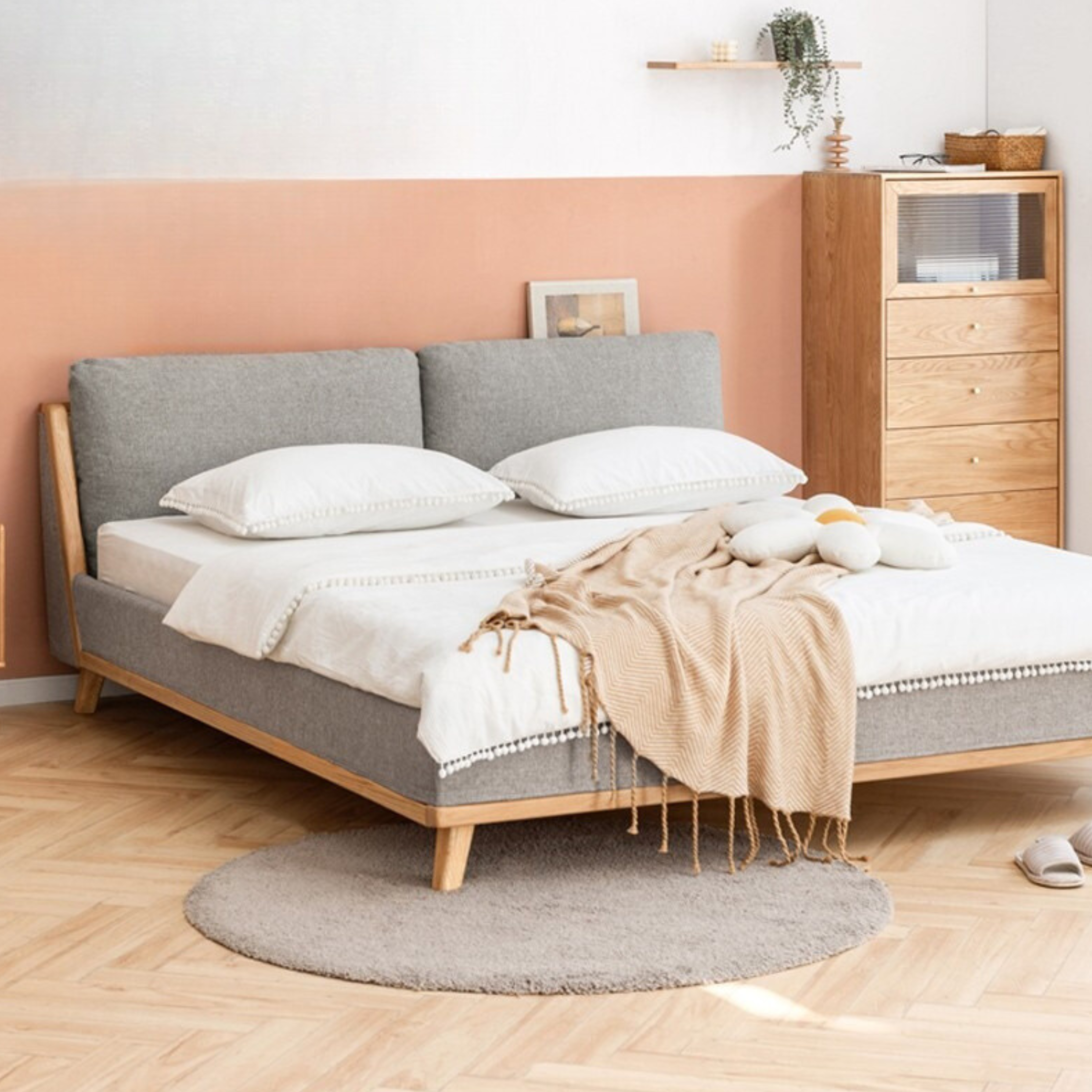 Oak Solid Wood Soft Cushion Bed +)