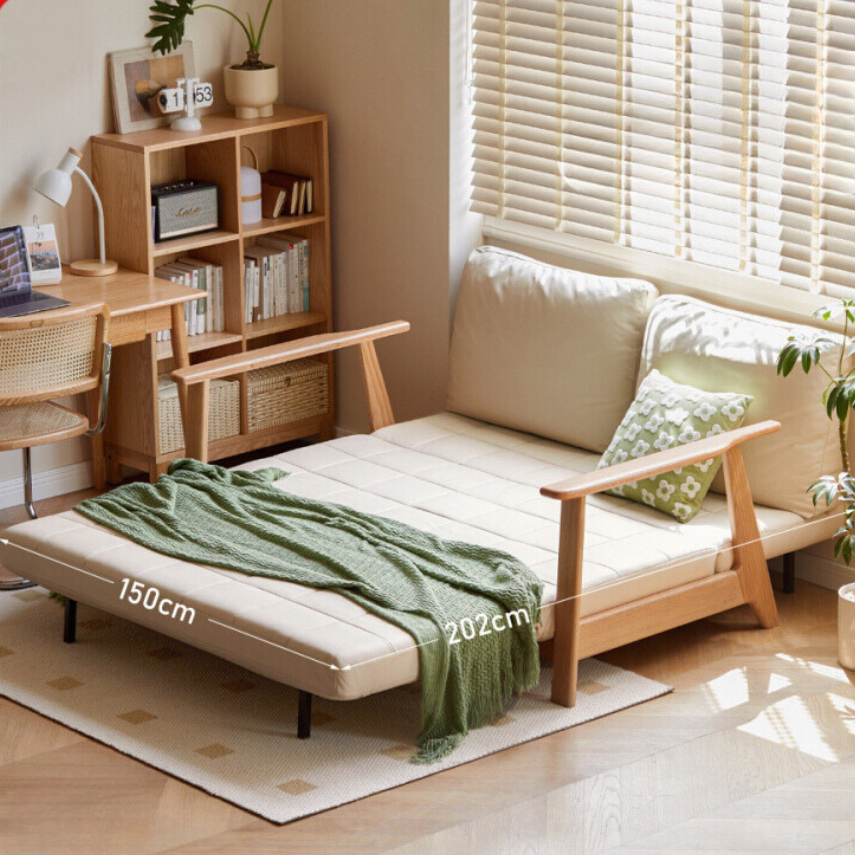 Oak Solid Wood Sofa Bed Folding Technology Fabric"