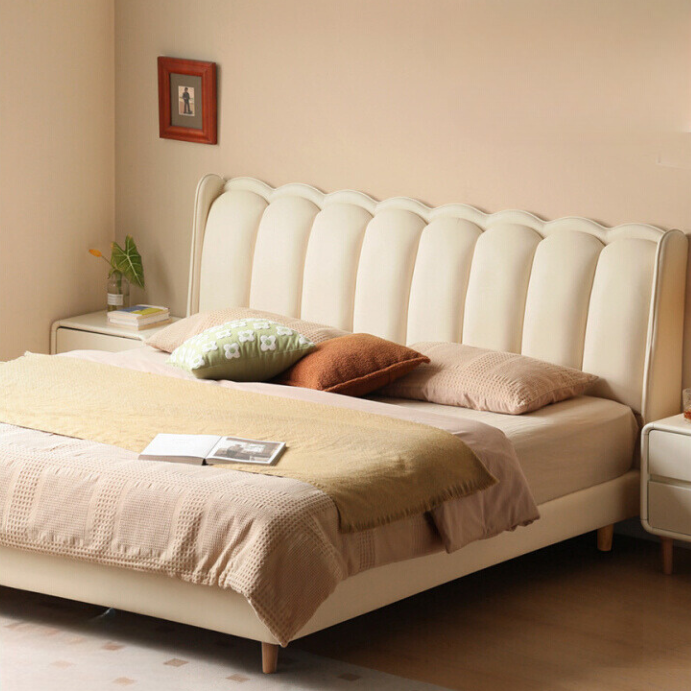 Organic leather Art Bed Cream Style Modern_)