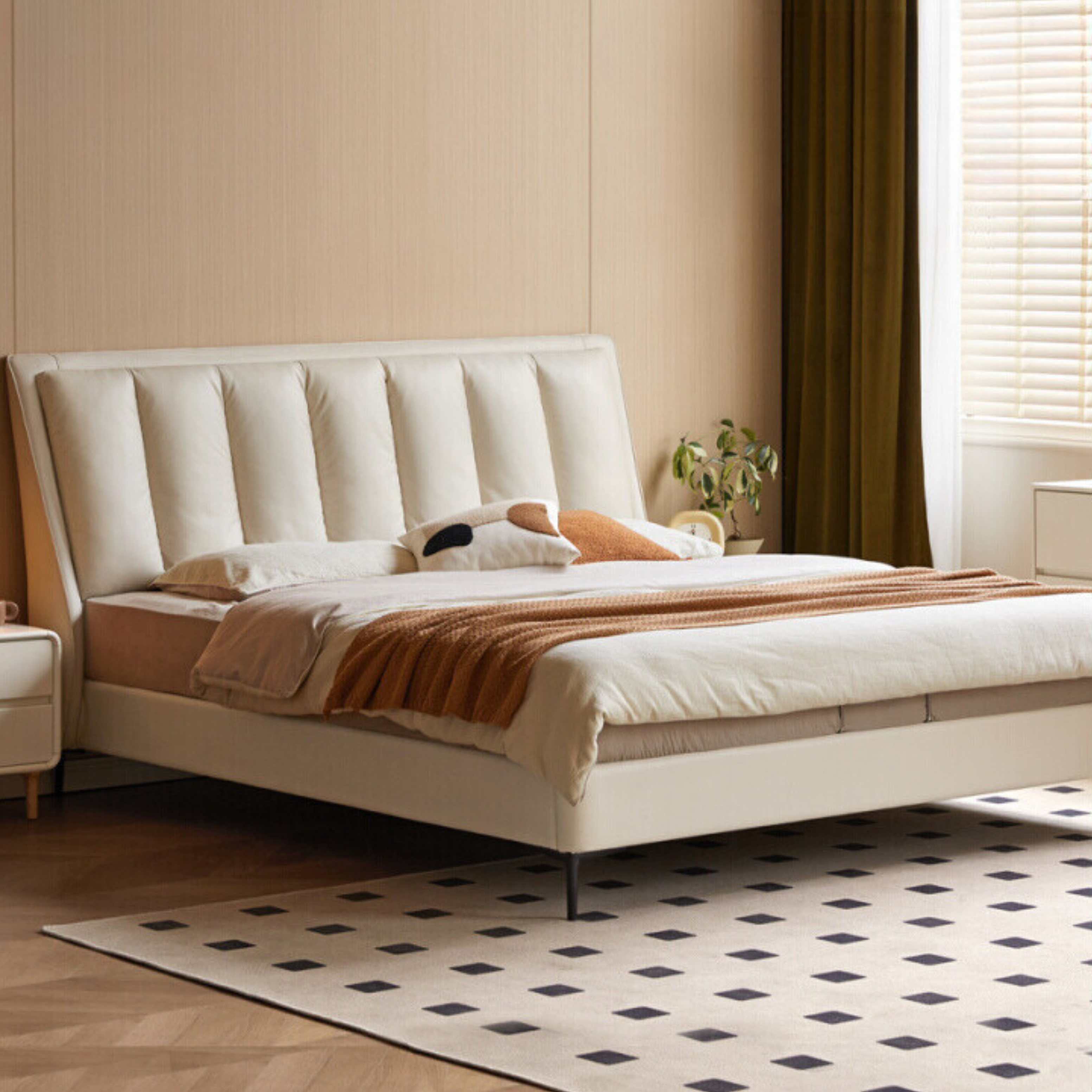 Genuine leather upholstered White Goose Down Cream Style Edge Bed_)