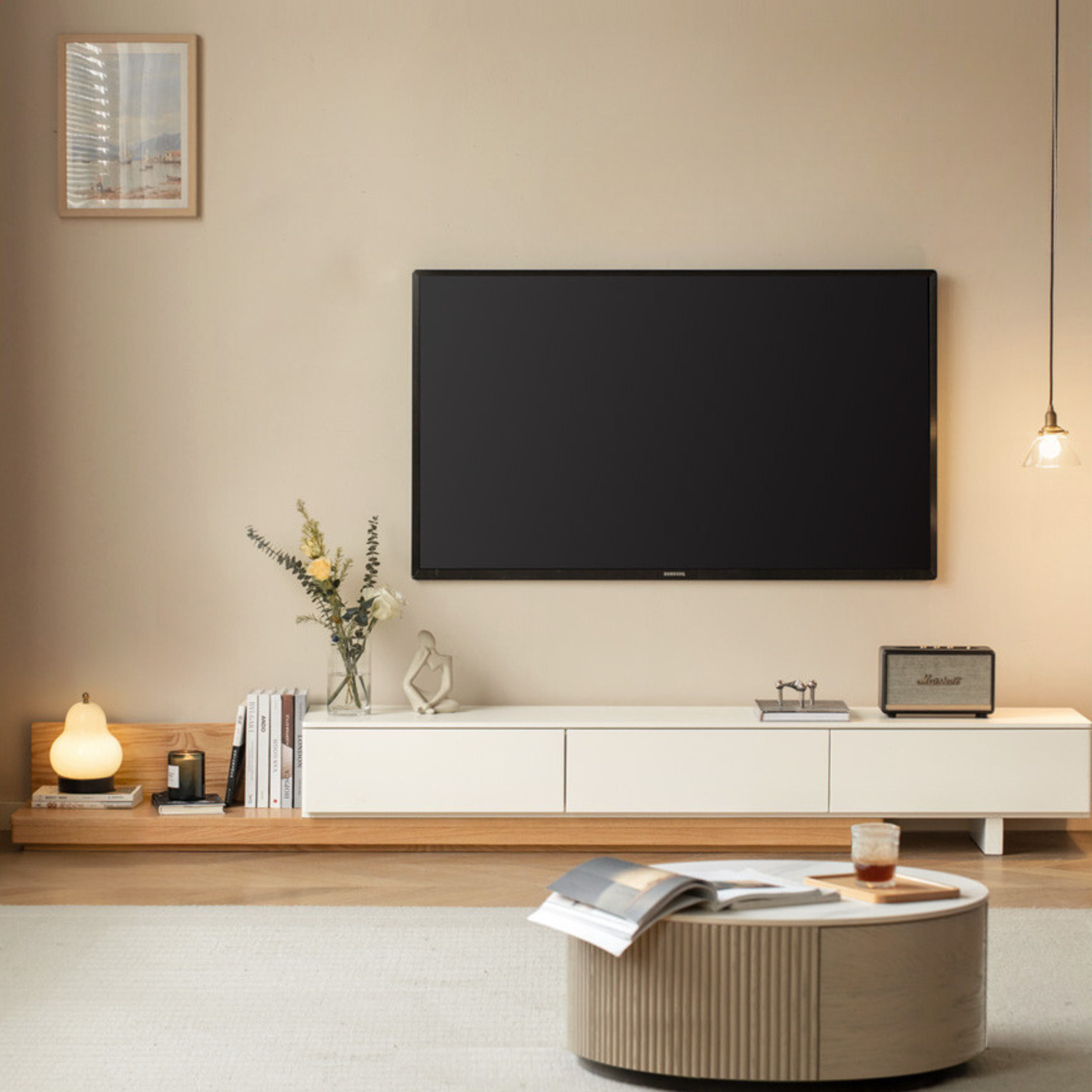 Oak- poplar solid wood retractable floor TV cabinet
