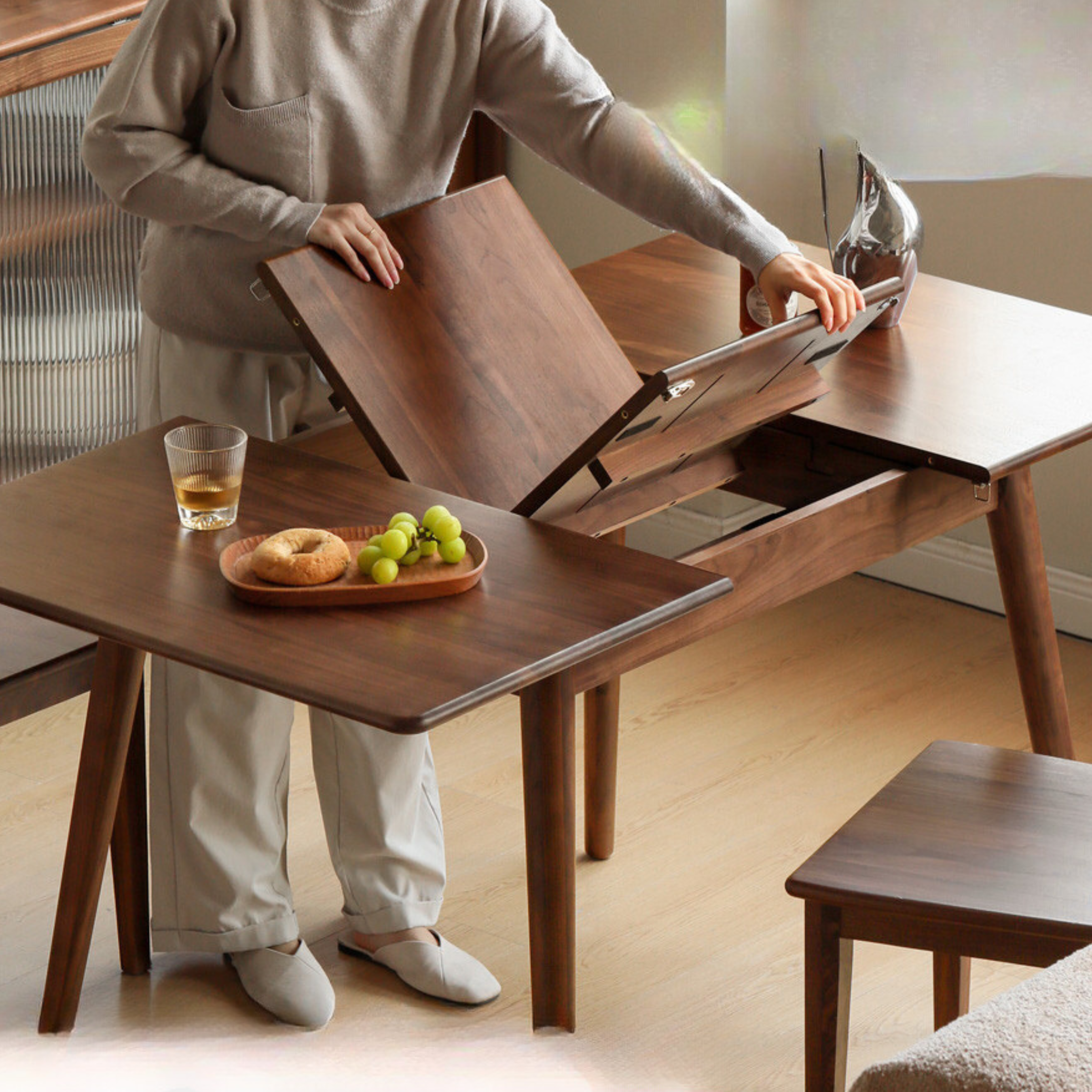 Oak Solid Wood Telescopic Folding Dining Table-