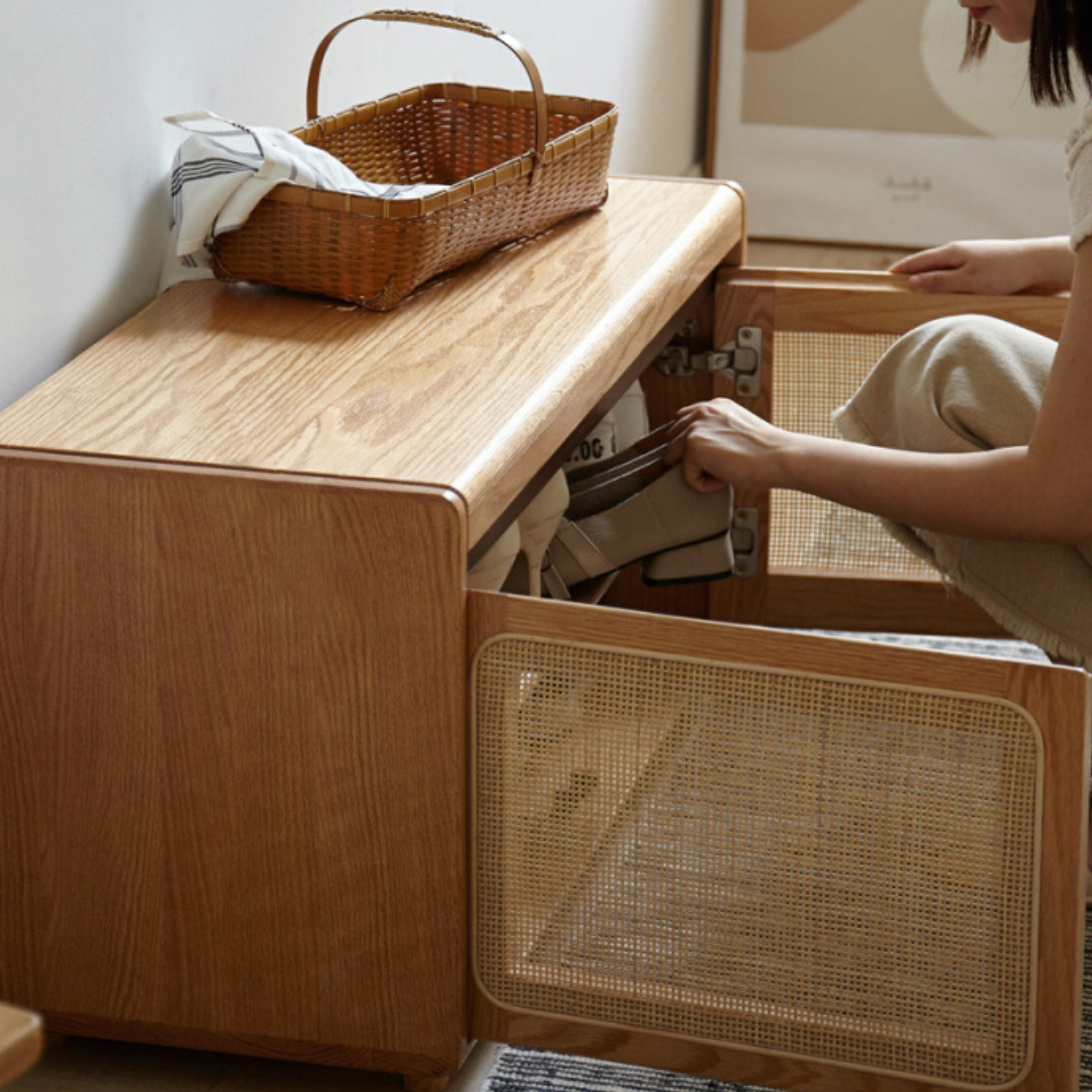 Oak solid wood rattan shoe cabinet, Shoe Storage Bench-