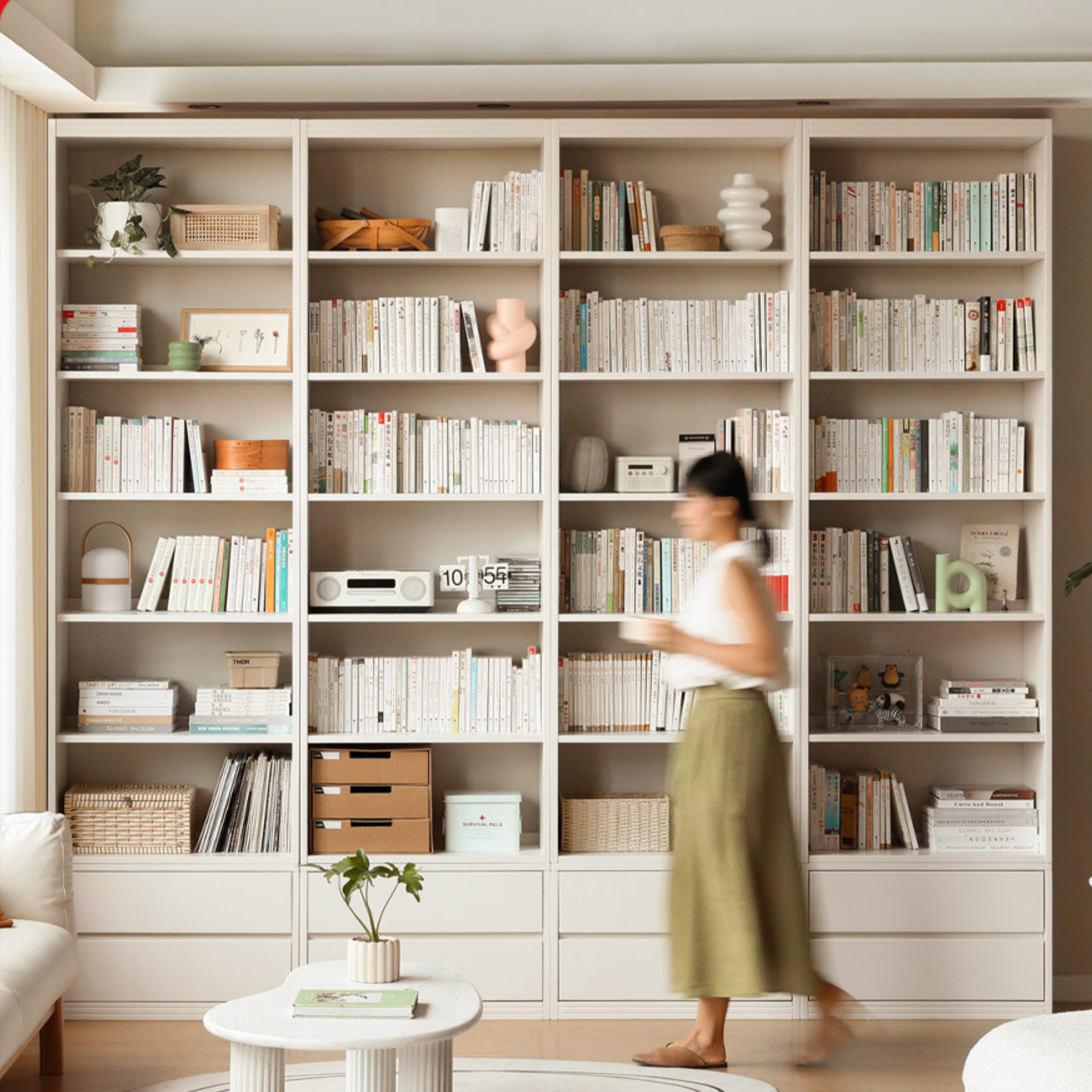 Ash solid wood bookshelf wall-to-ceiling shelf white cream style free combination bookcase"-