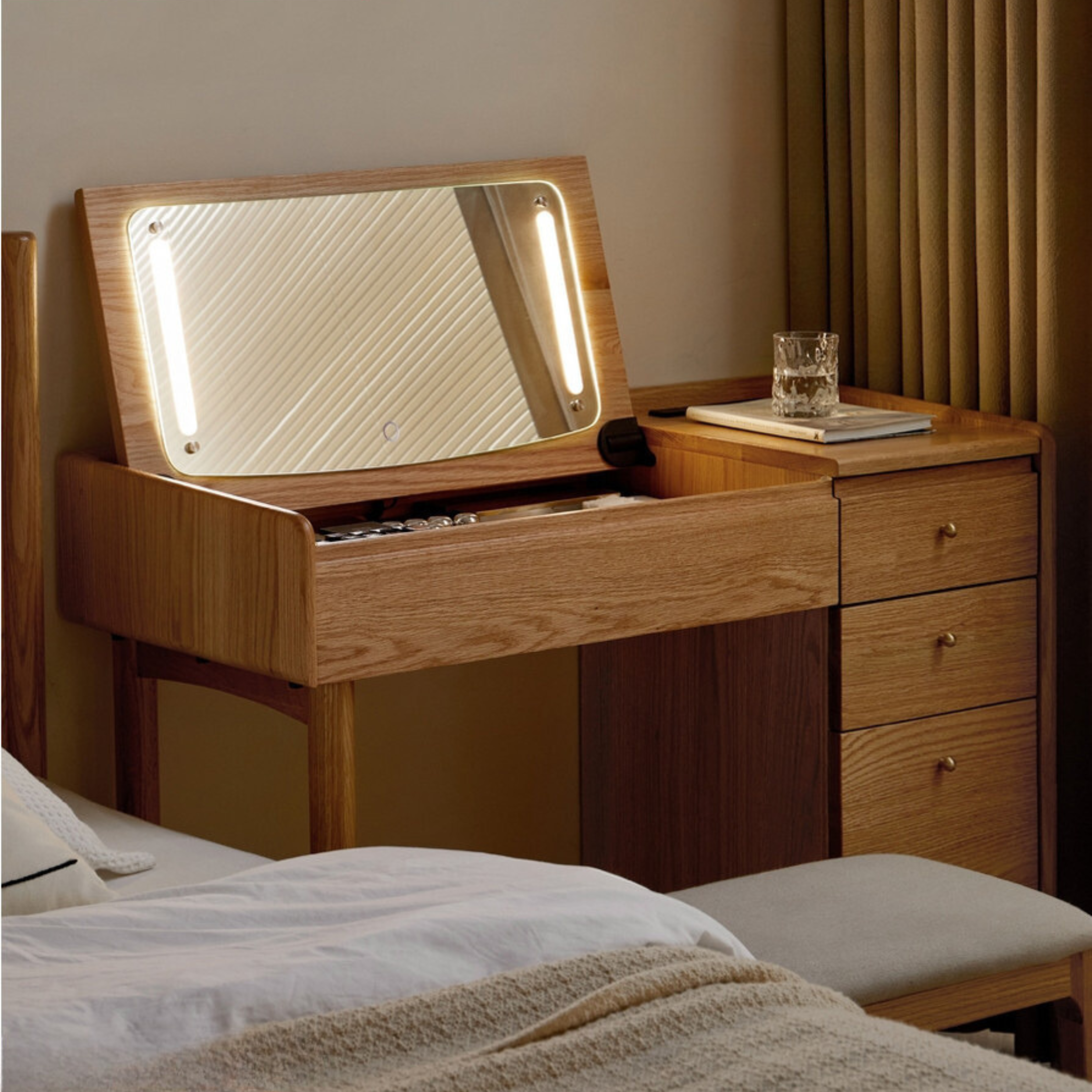 Oak Wood Solid Dressing Table Modern and Simple with Light Mirror"