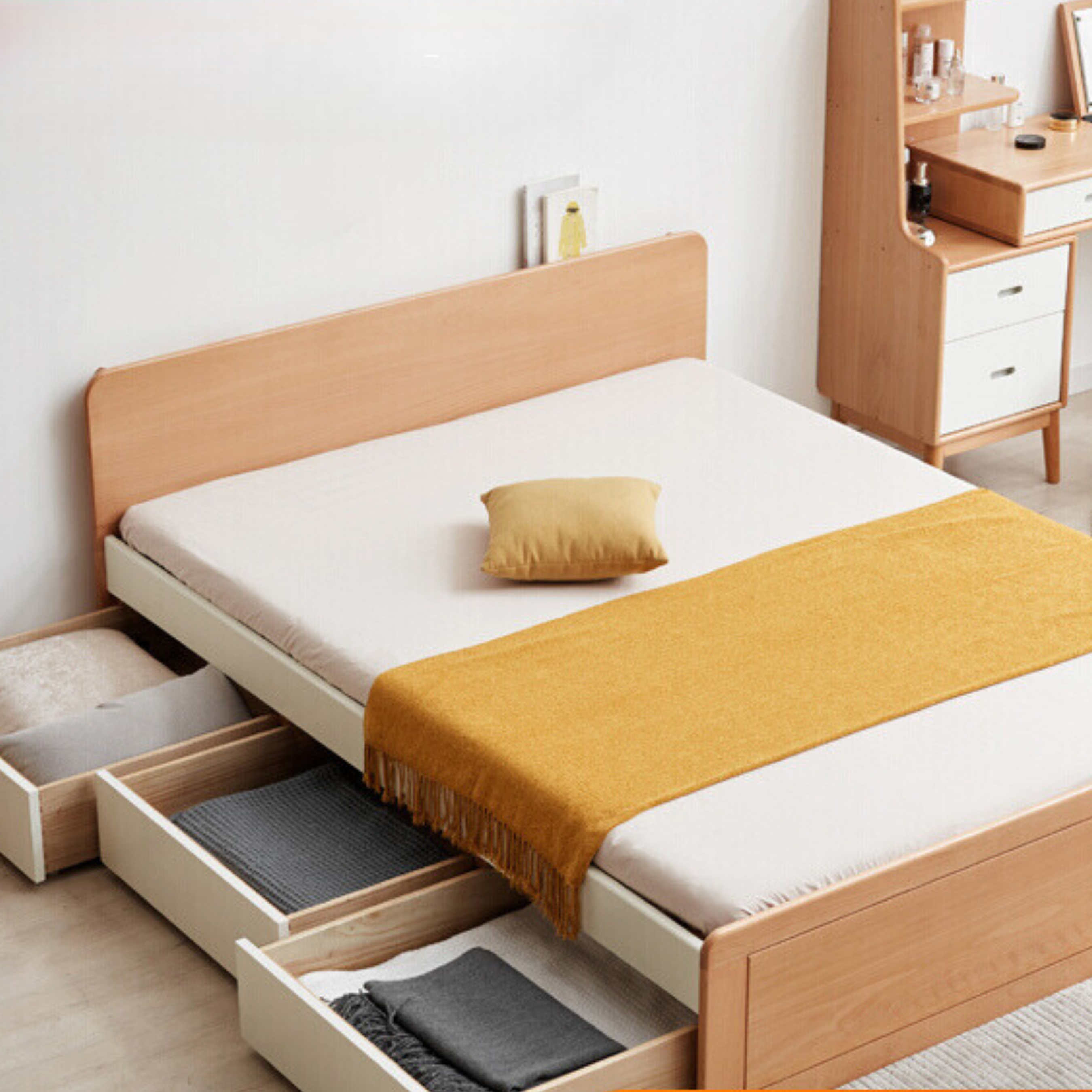 European Beech solid wood Drawer Storage Bed"