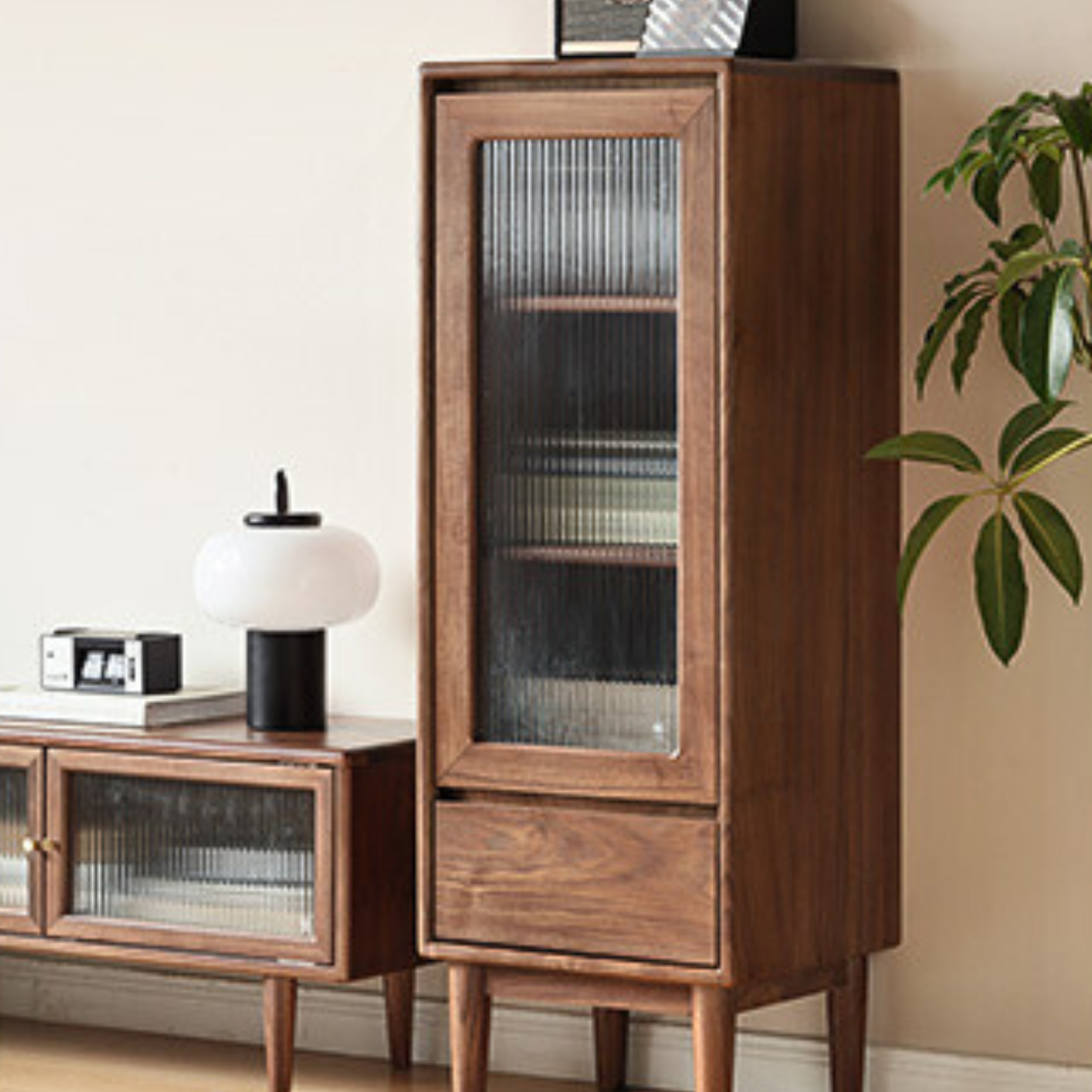 Black Walnut Solid Wood side Cabinet Narrow Vintage Storage-