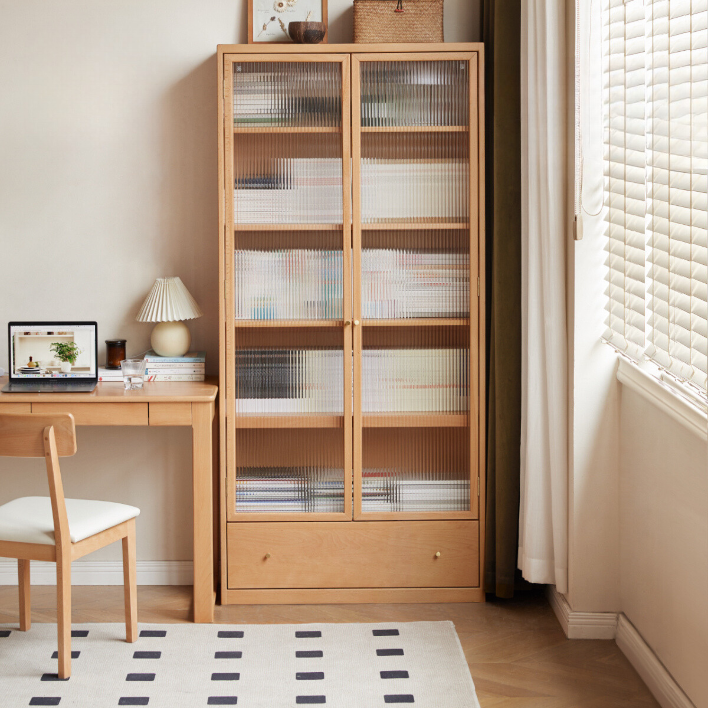 Beech European solid wood bookshelf, glass door storage display cabinet -