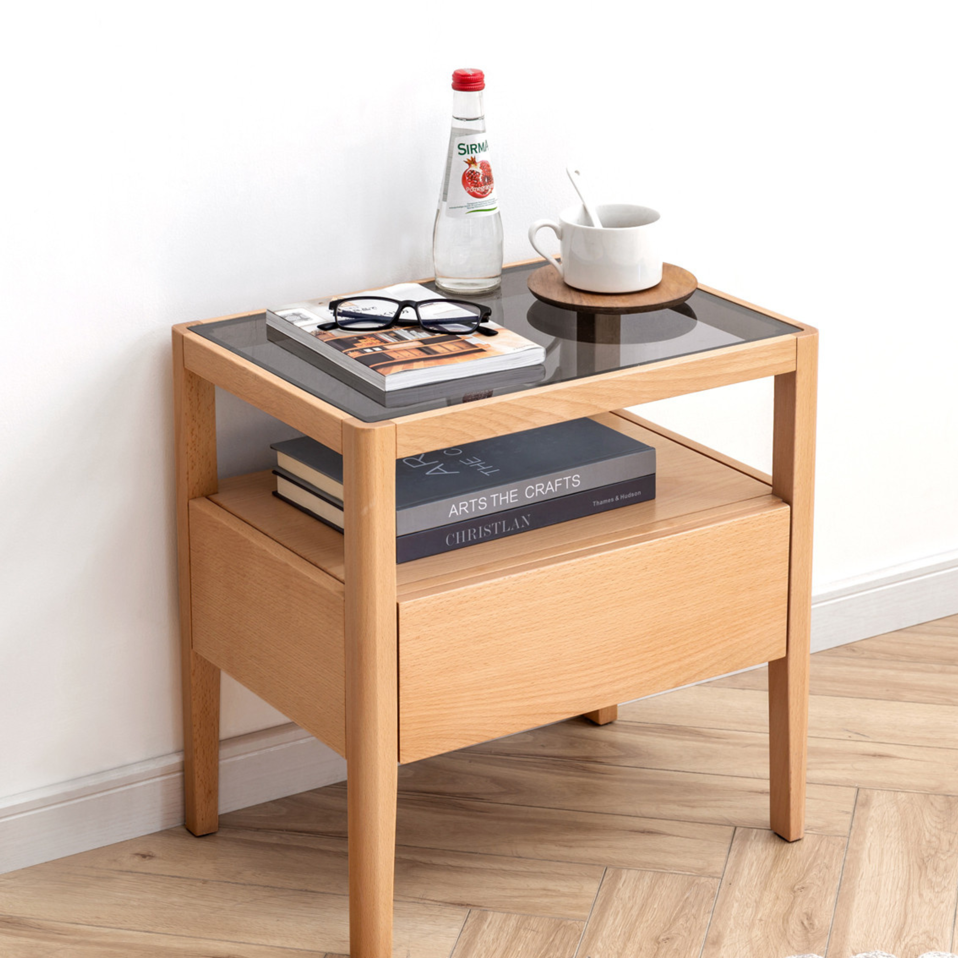 Beech solid wood bedside storage, small side table)