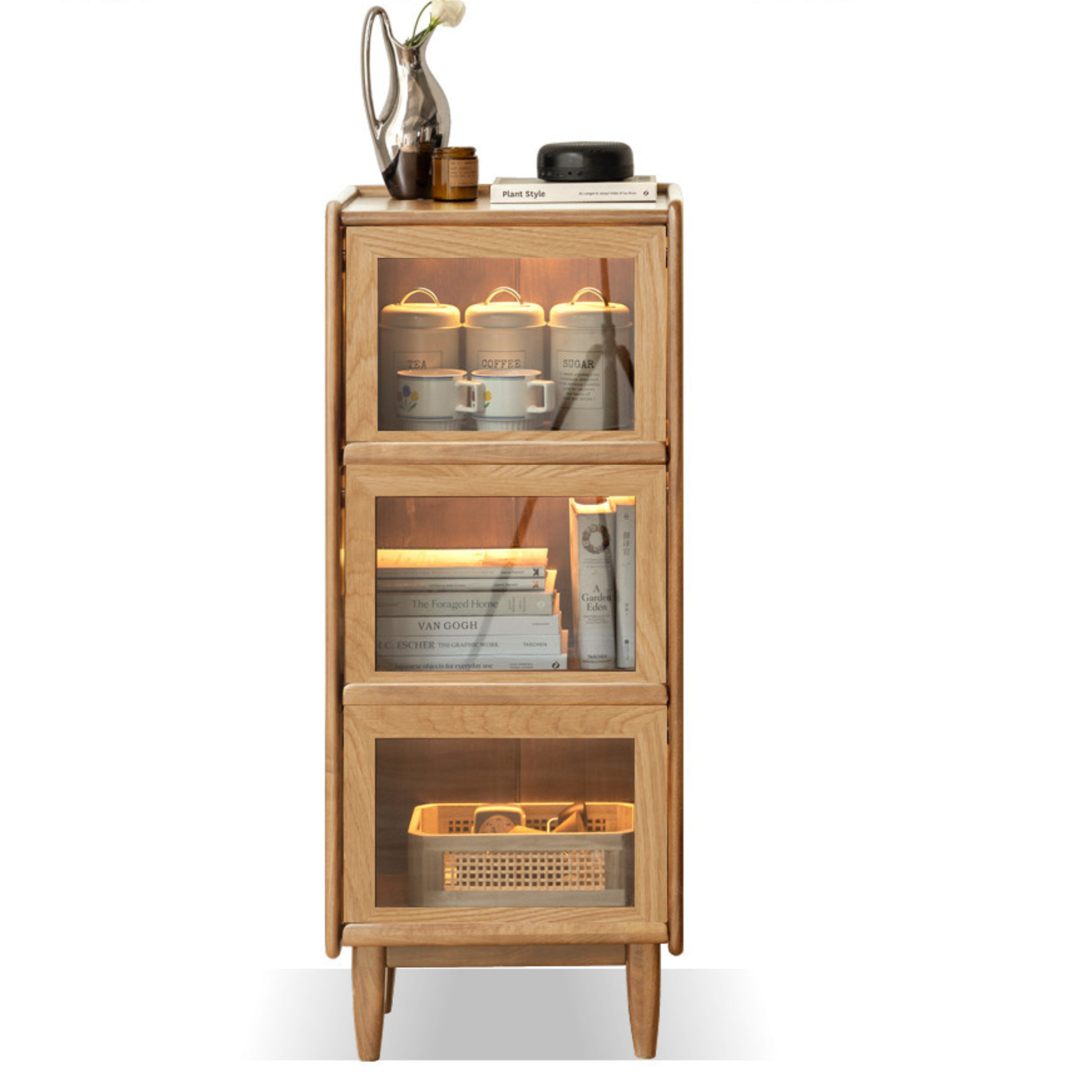 Black Walnut, Oak Solid Wood Glass Flip Door Display Side Cabinet LED Lights