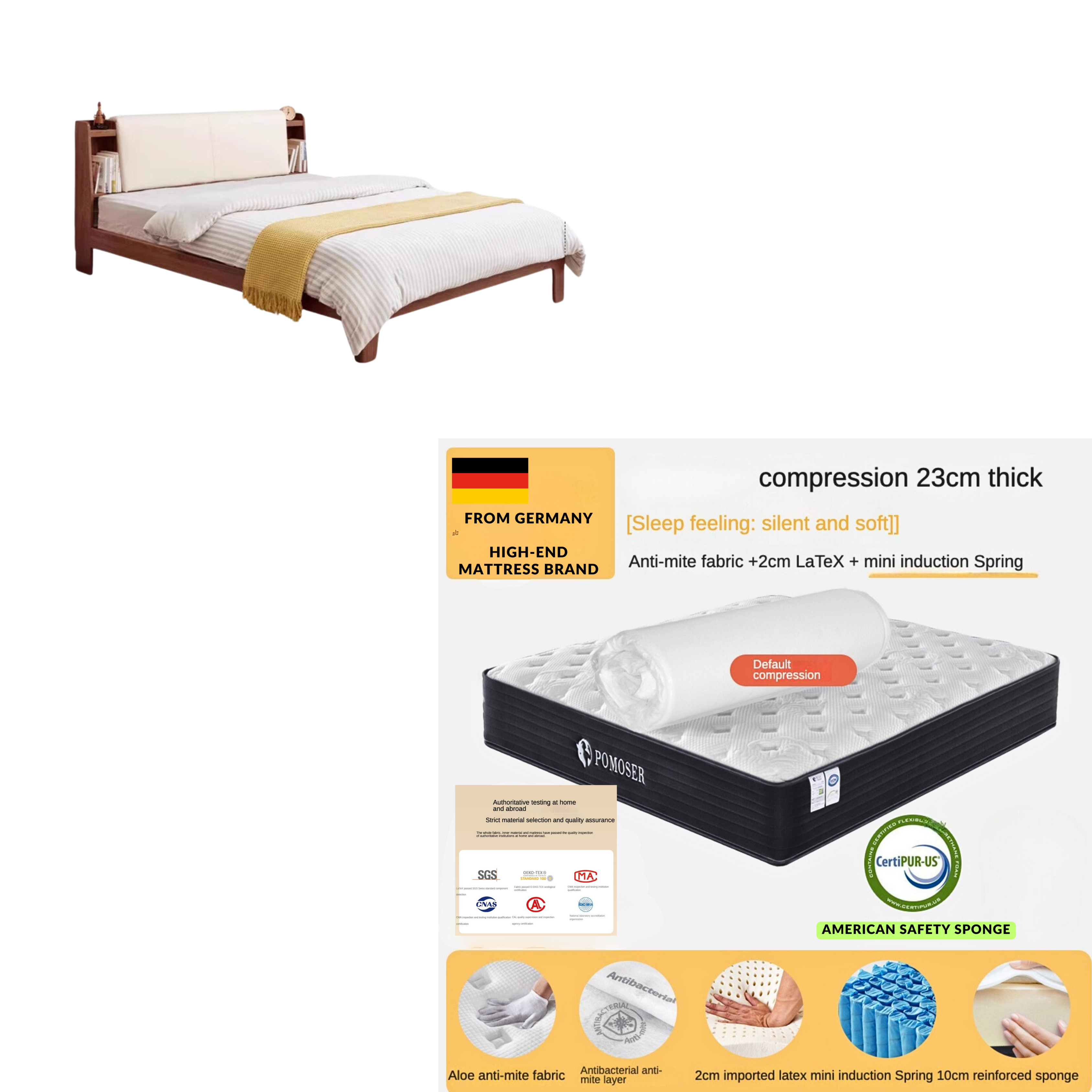 Oak Solid wood luminous bed with shelf genuine leather, technical fabric"