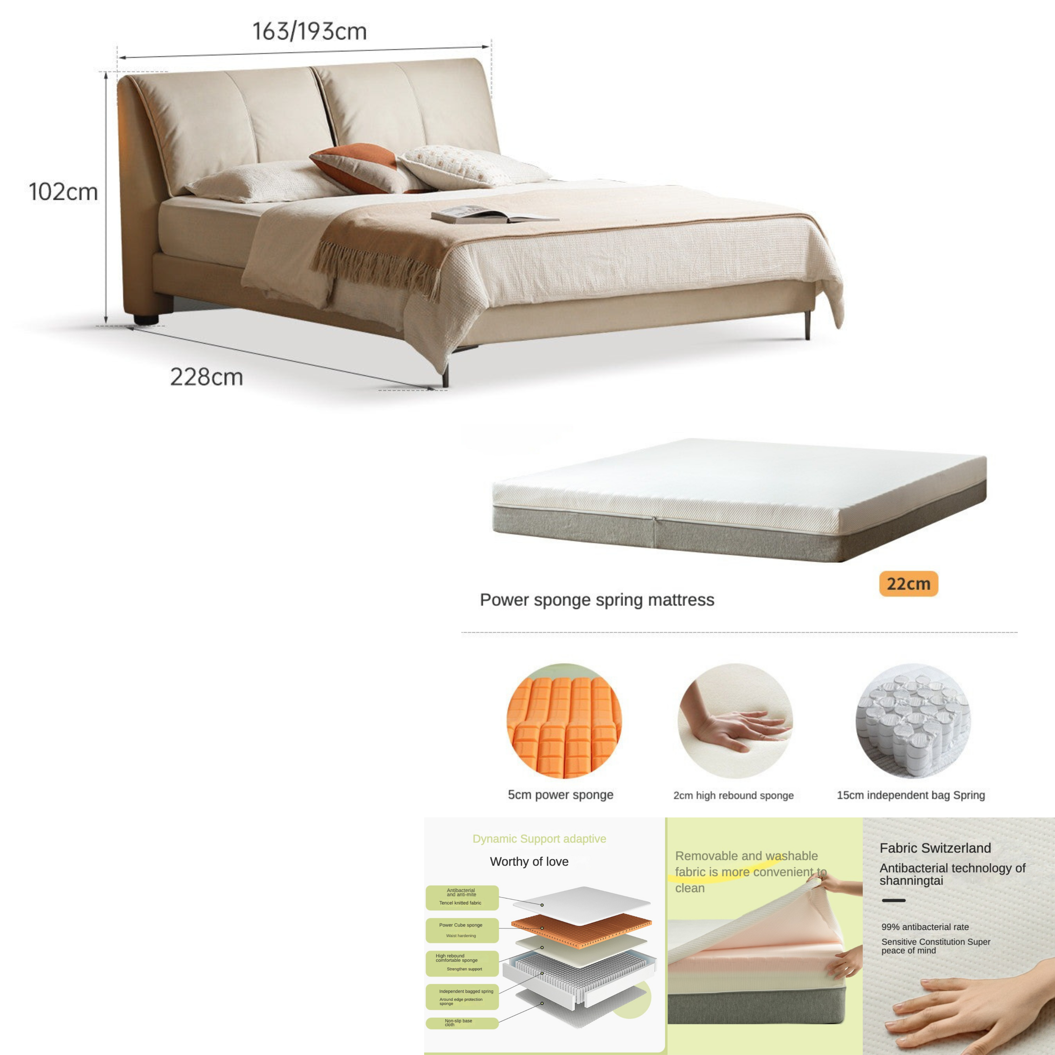 Genuine leather, Technology Cloth Bed Cream Style ")