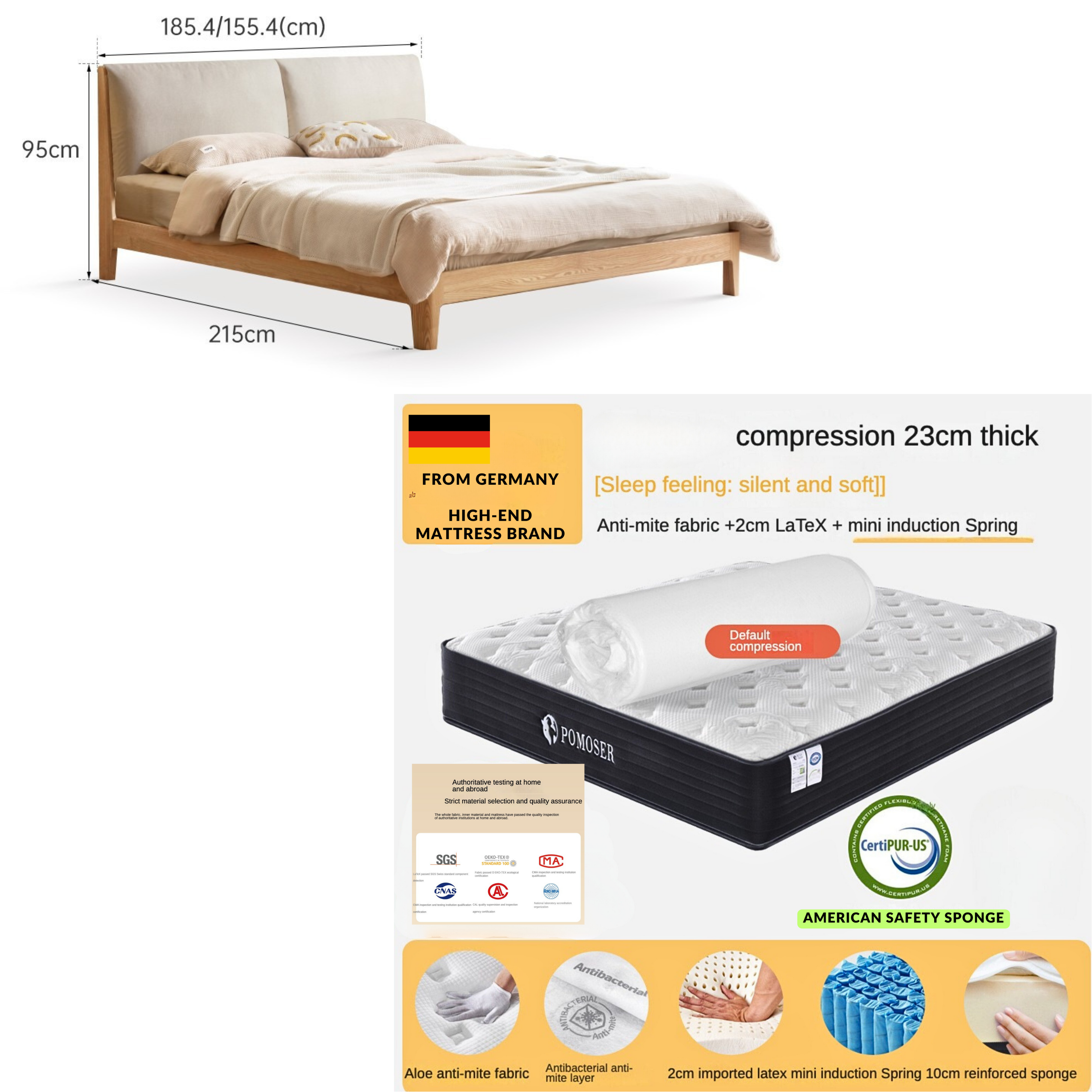 Oak Solid Wood Fabric Soft Bed"
