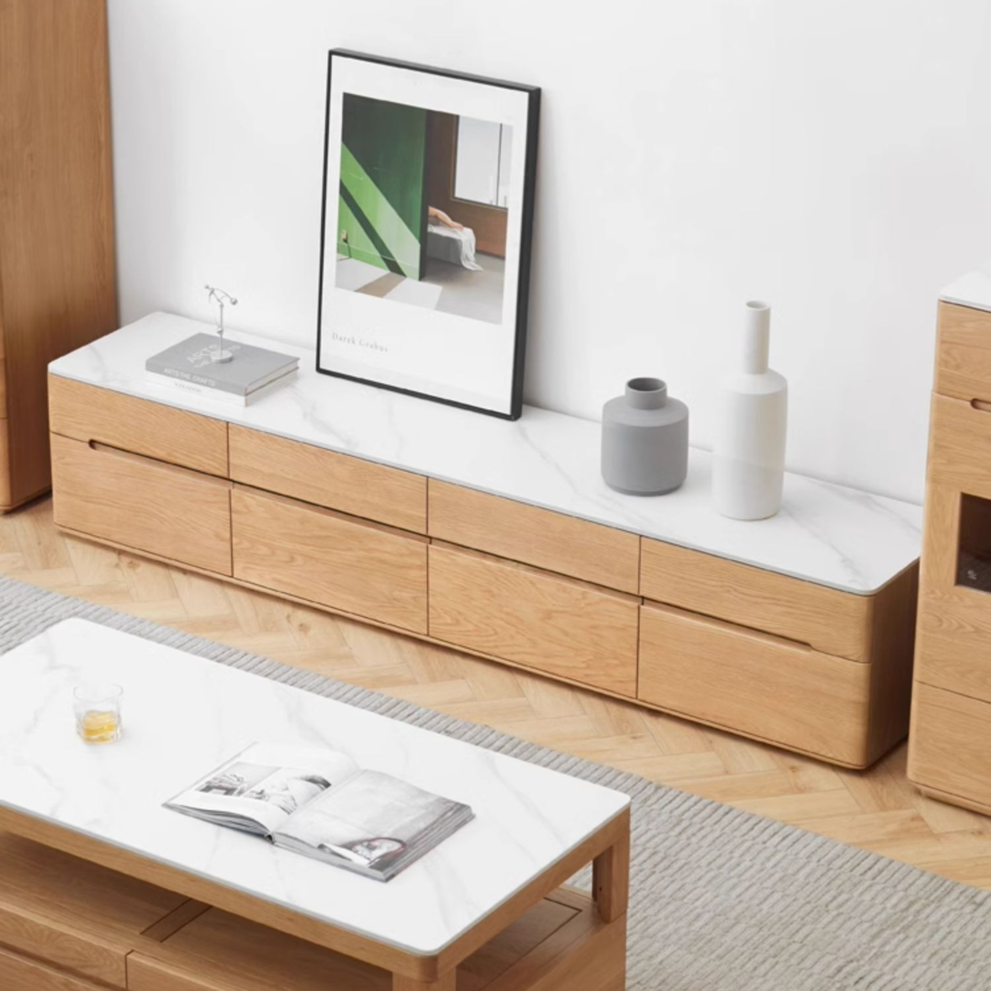 Oak Solid Wood TV Cabinet rock plate Modern and Minimalist