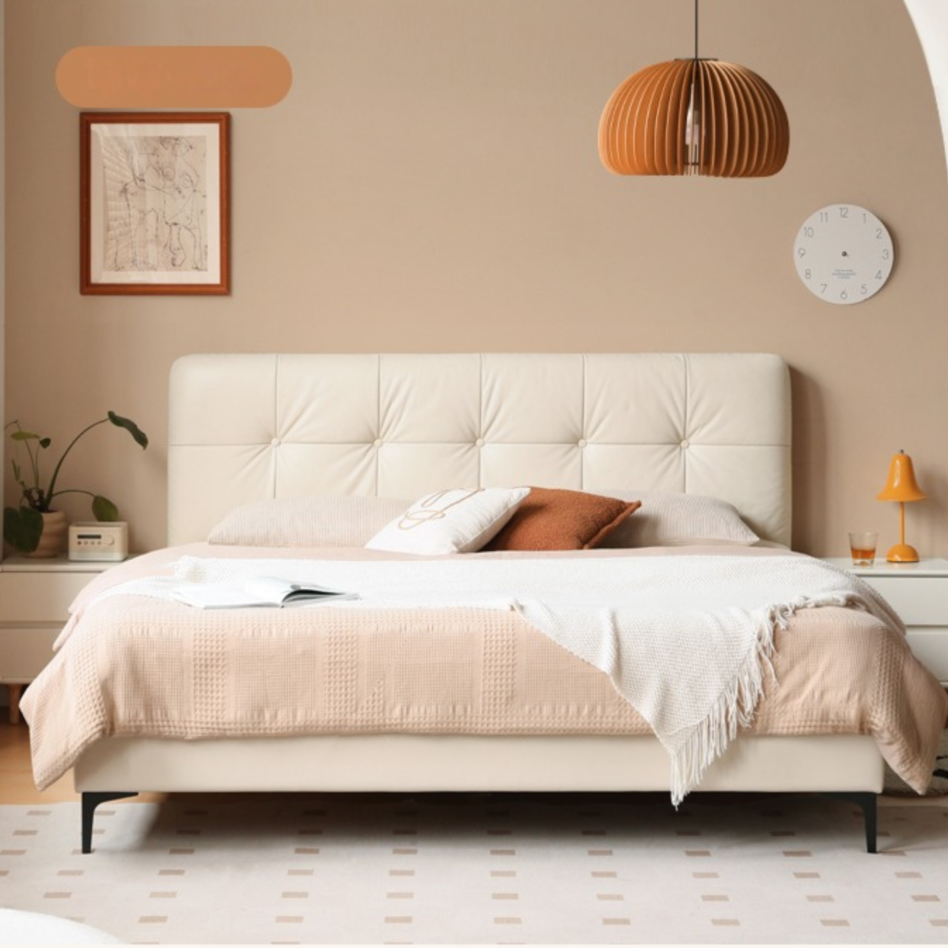 Genuine leather light luxury bed, cream style "