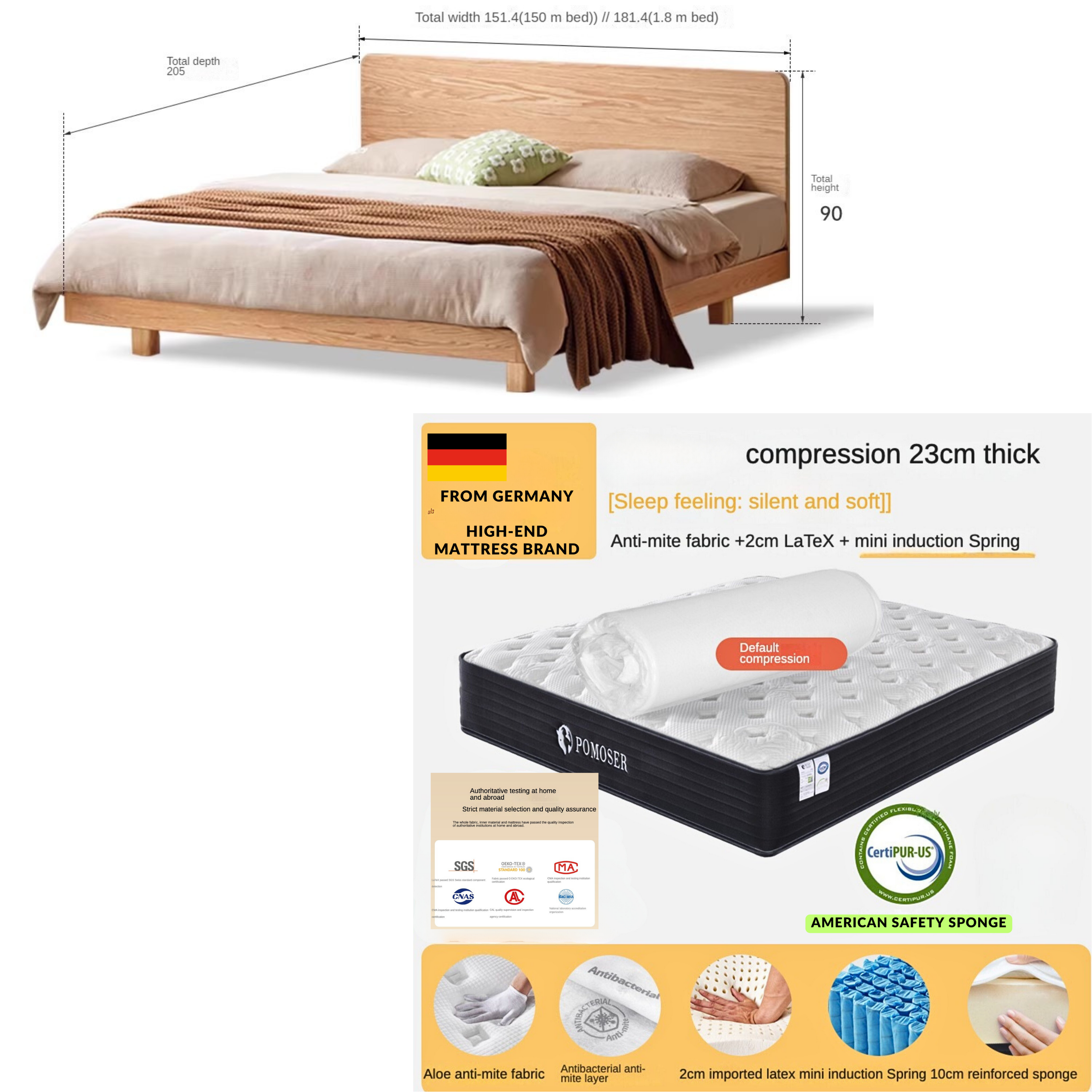 Oak Solid Wood Suspension Bed Large Board "