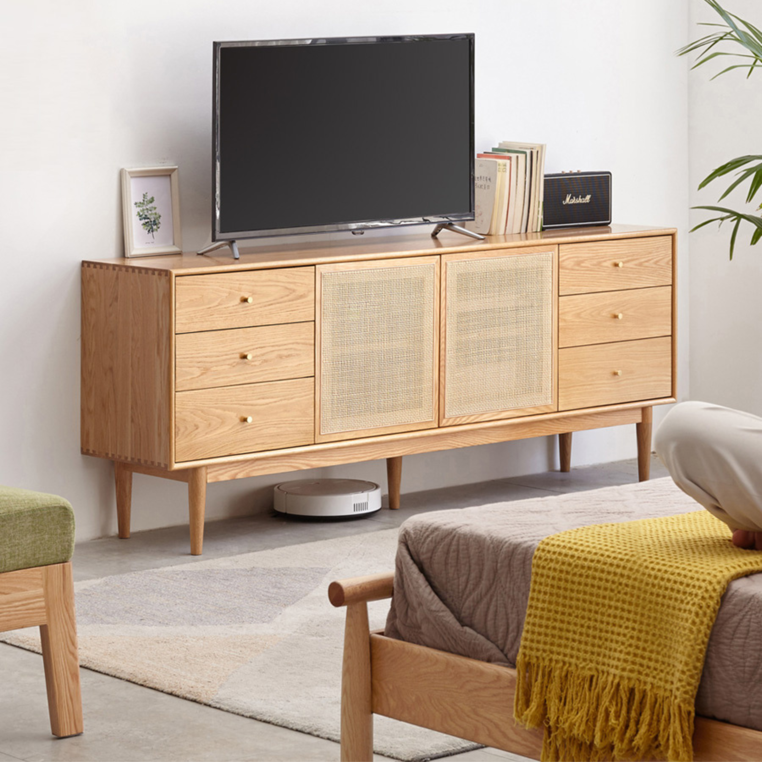 Oak Solid Rattan wood Bedroom TV cabinet"+