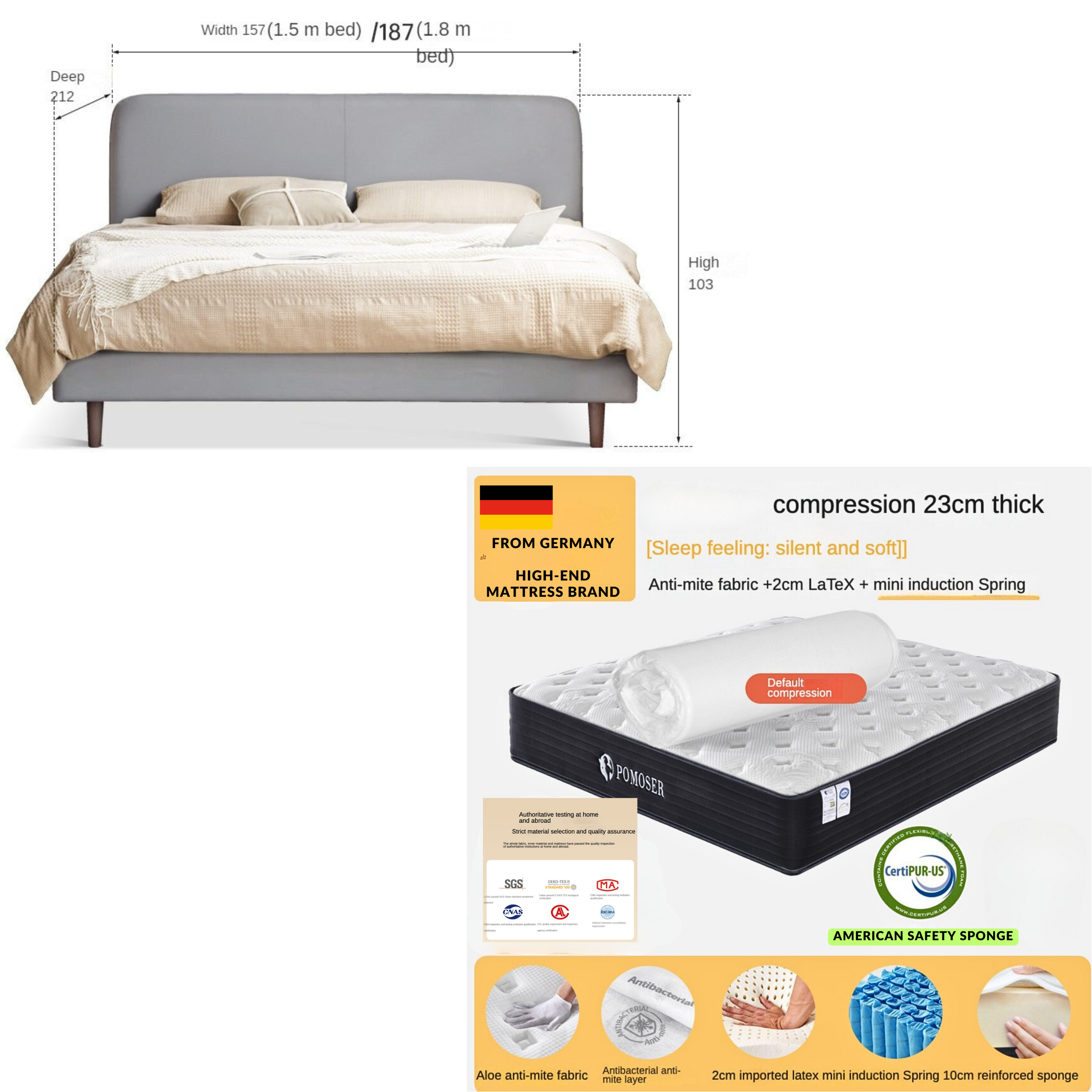 Technology Cloth Soft Bed, Floor to Floor Cream Style  bed")