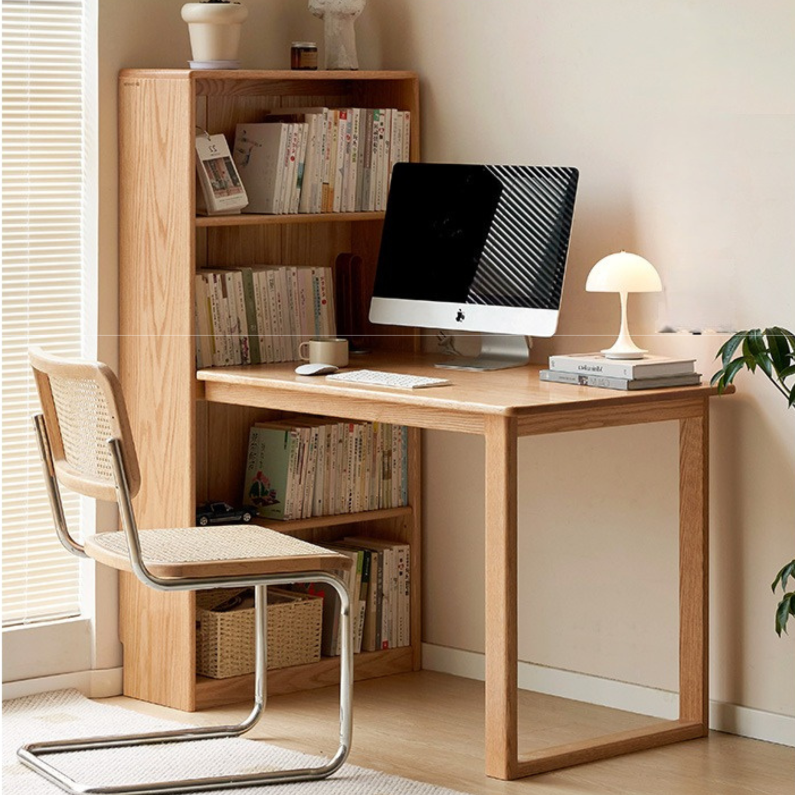 Oak solid wood desk and bookcase integrated -