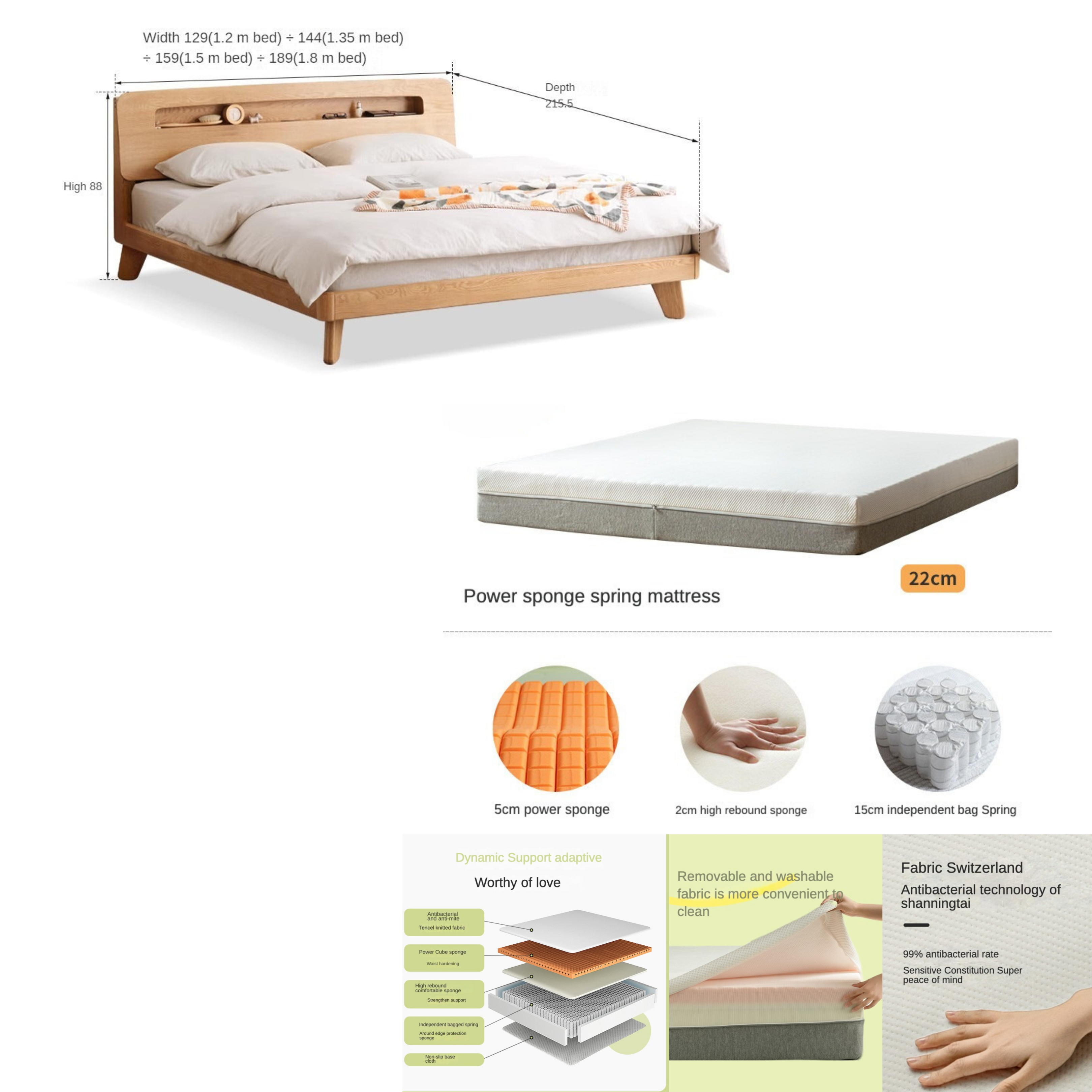 Oak solid wood bed Touch-type LED warm light_)