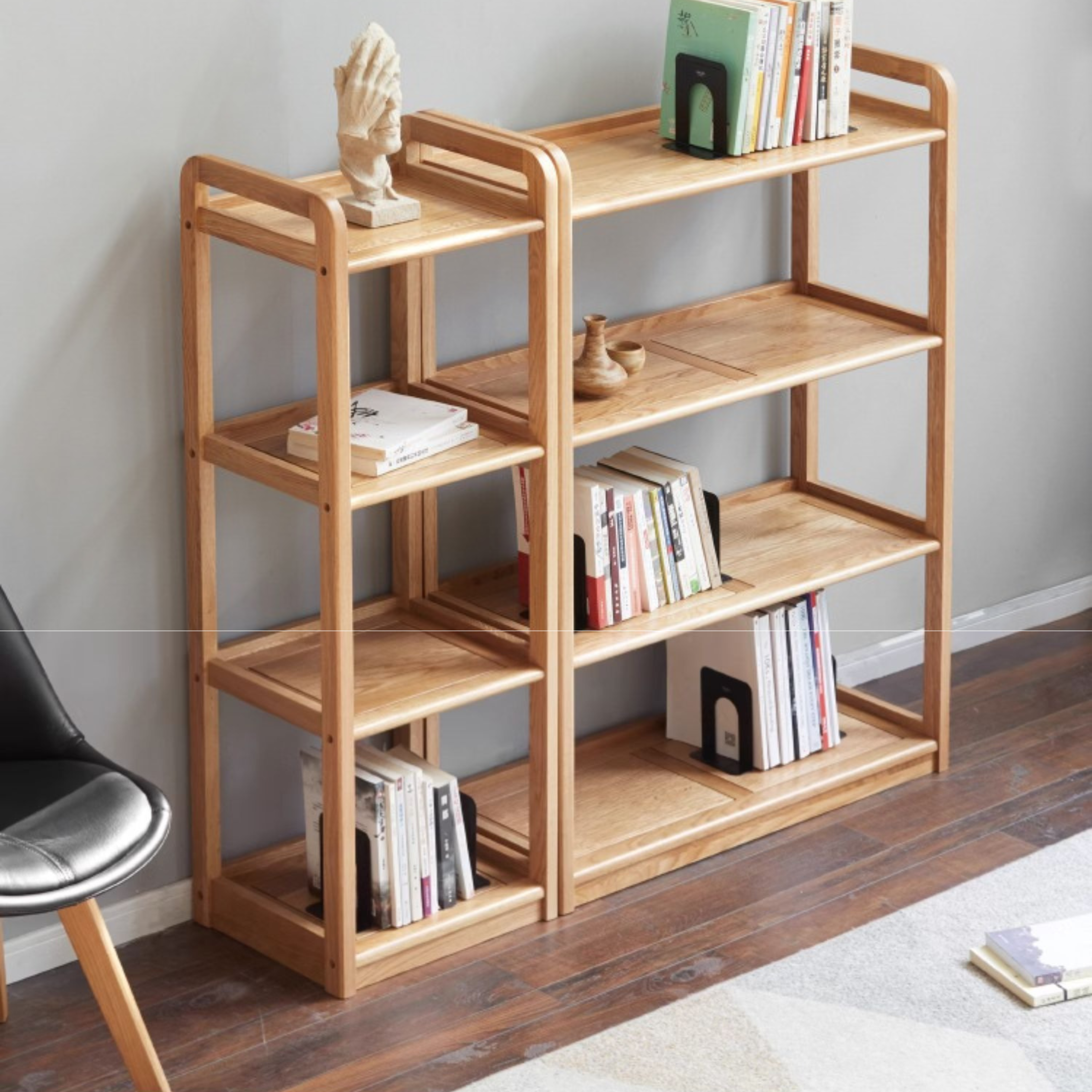 Oak solid wood floor-standing bookshelf, flower rack -