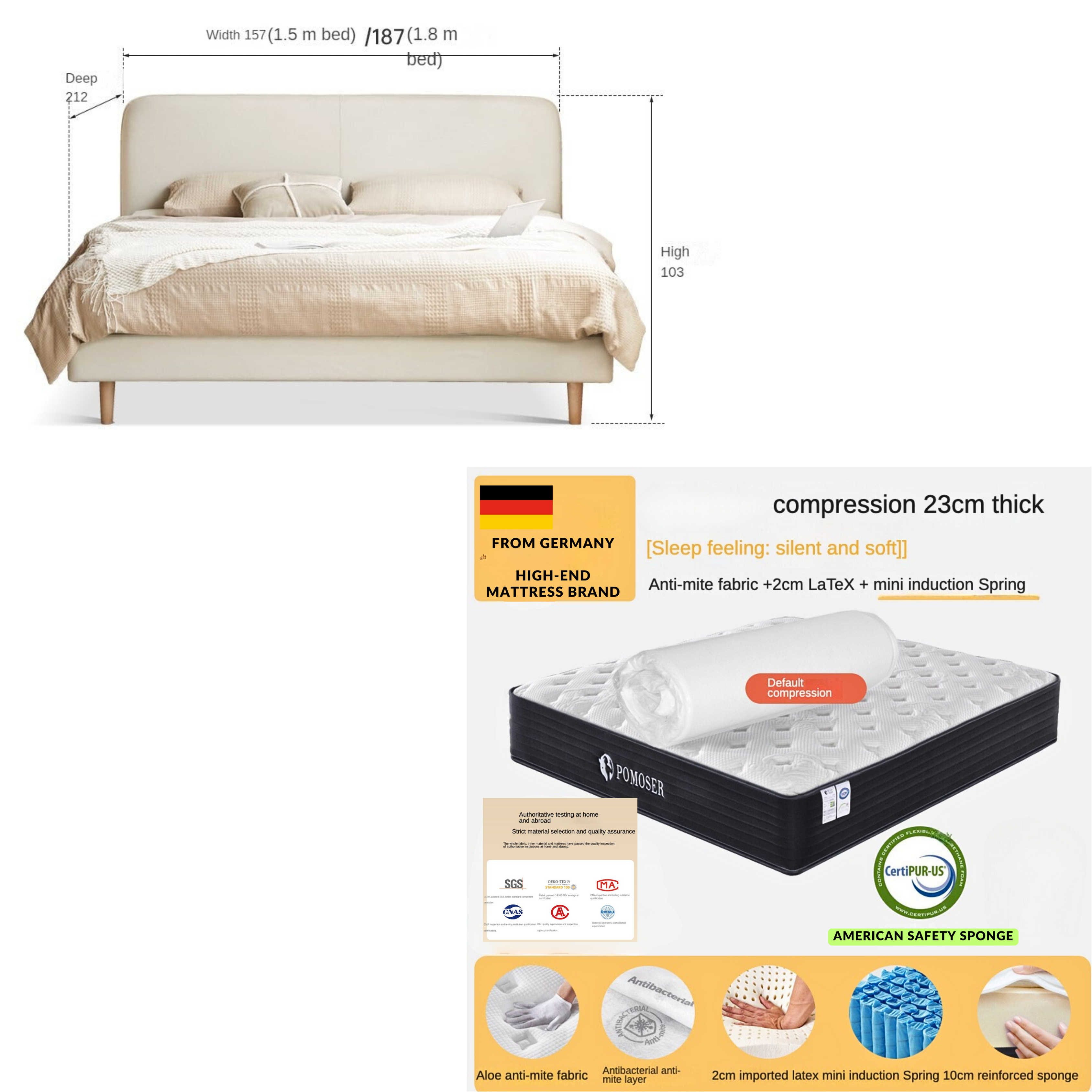 Technology Cloth Soft Bed, Floor to Floor Cream Style  bed")